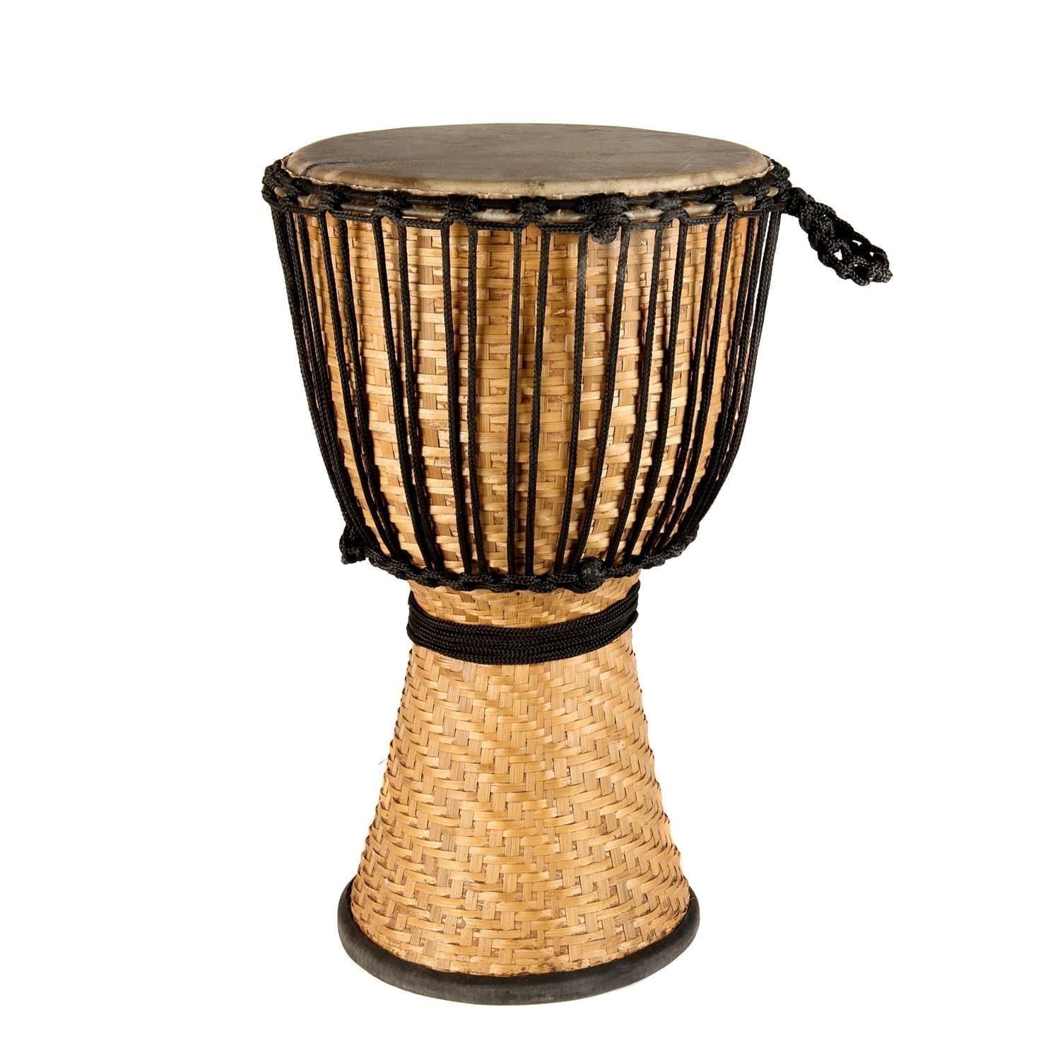 Woven bamboo djembe with skin head and black rope tuning, goblet shape with flared base
