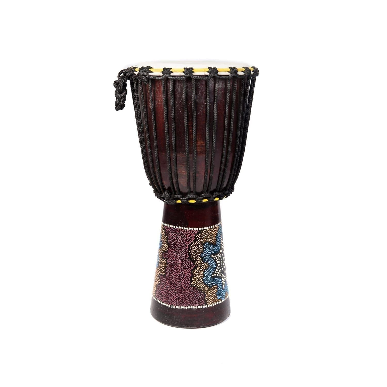 This 10-inch diameter, 60cm high Djembe drum features a painted wood body with decorative accents, rope tuning, and a natural skin drumhead.