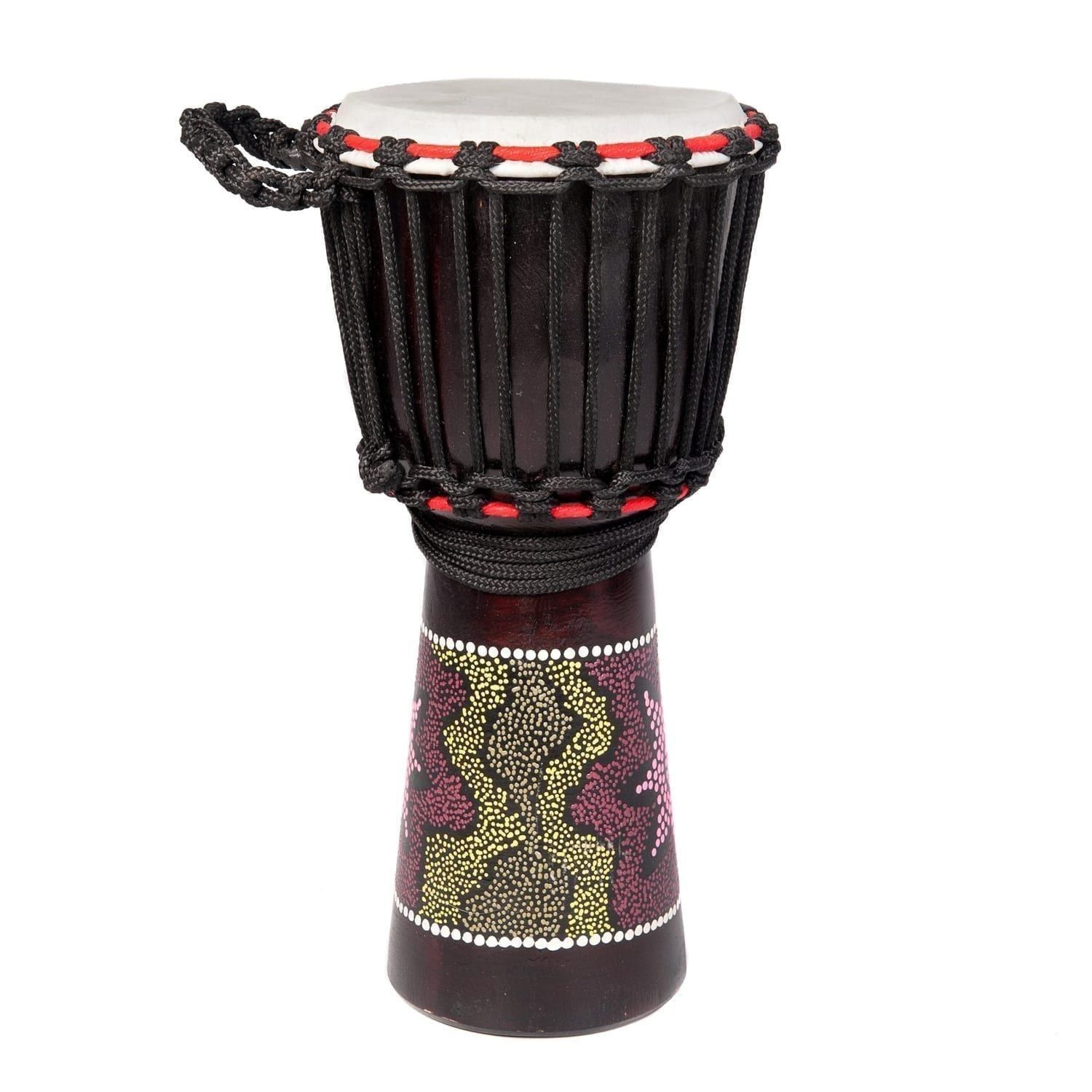 8 inch Educator Star budget wooden djembe - 40cm high, Painted with goatskin head, nylon stringing, and colorful hand-painted design.