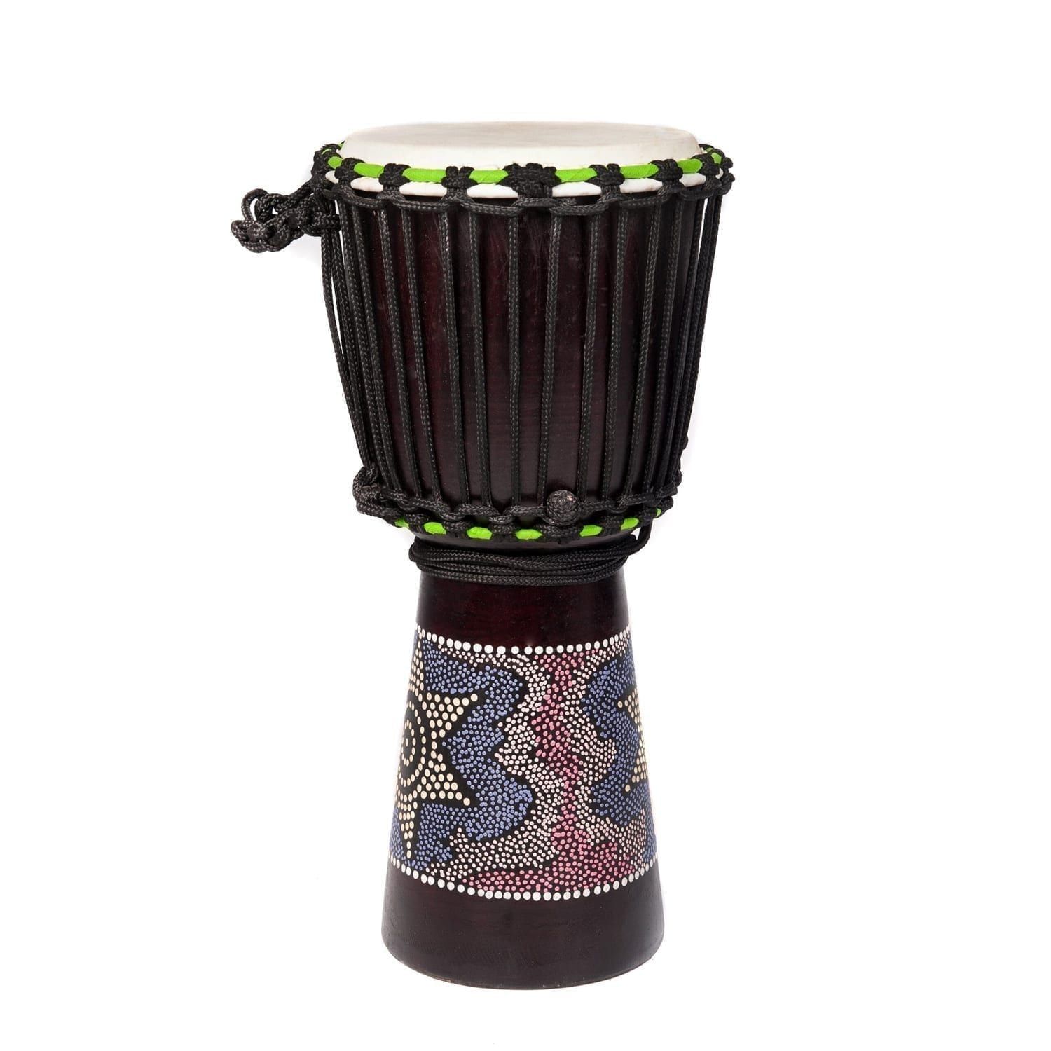 9.5 inch Educator Star wooden djembe - 50cm high, Hand-Painted with goatskin head, nylon stringing, carry handle, and vibrant, hand-painted design.