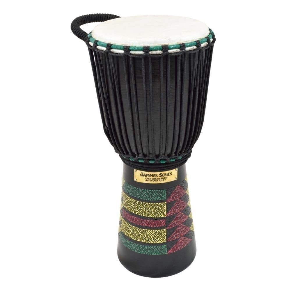 This is a product image of the Djembe Drum - Kente - 10in diameter, 60cm high, painted from the side.