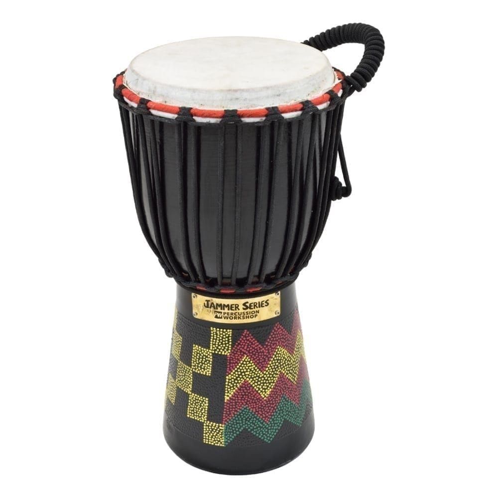 Jammer Series djembe drum kente with a handle, black rope, and a colorful geometric pattern painted on the body - 7in diameter, 40cm high, painted from the side.