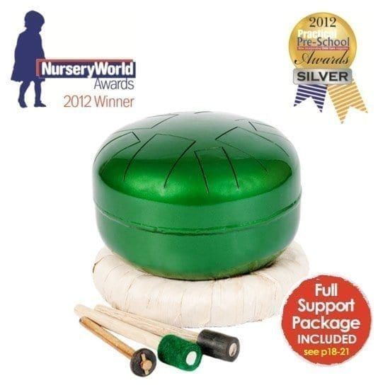 Dream Drum Kit, green metal tongue drum on cushion with three mallets and 2012 award badges