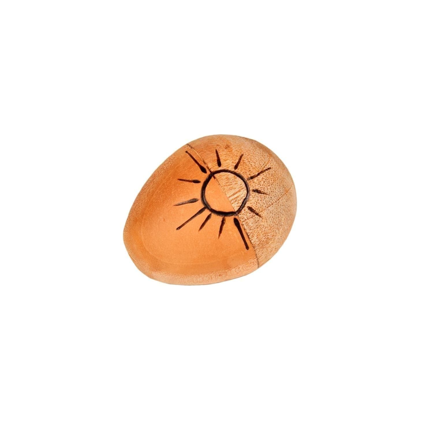 This is a product image of the Egg Shaker - Small - 5cm, Early Years. It is a simple wooden egg shape with a sun emblem burned on to the side as decoration.
