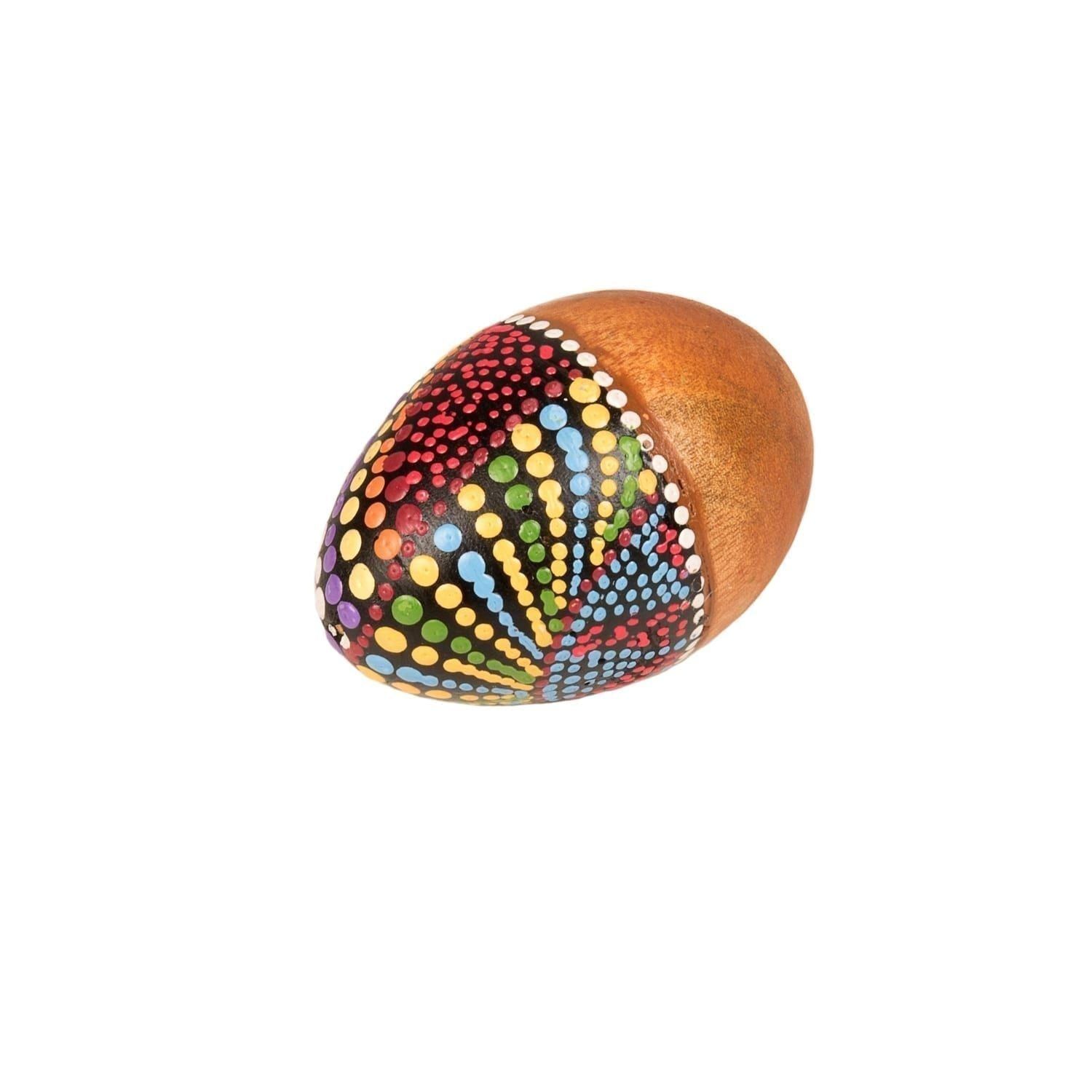 This is a product image of the Egg Shaker - Small - 5cm, painted. It is a simple wooden egg shape with the top half of the egg covered in dots of paint in many different colours.
