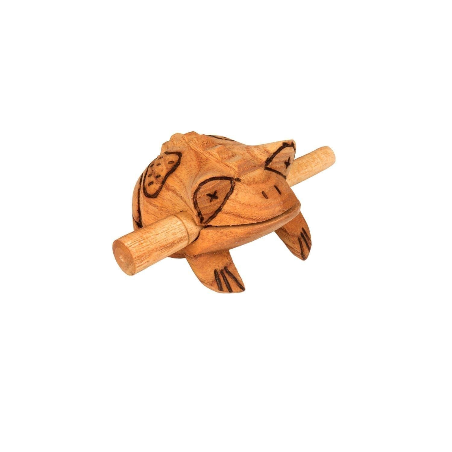 This is a product image of the Frog Scraper - Medium - Early Years. It is a carved frog with a ridged back and has patterns and detail burned into the body. The stick is held in the frog's mouth. The frog is angled slightly to the right.