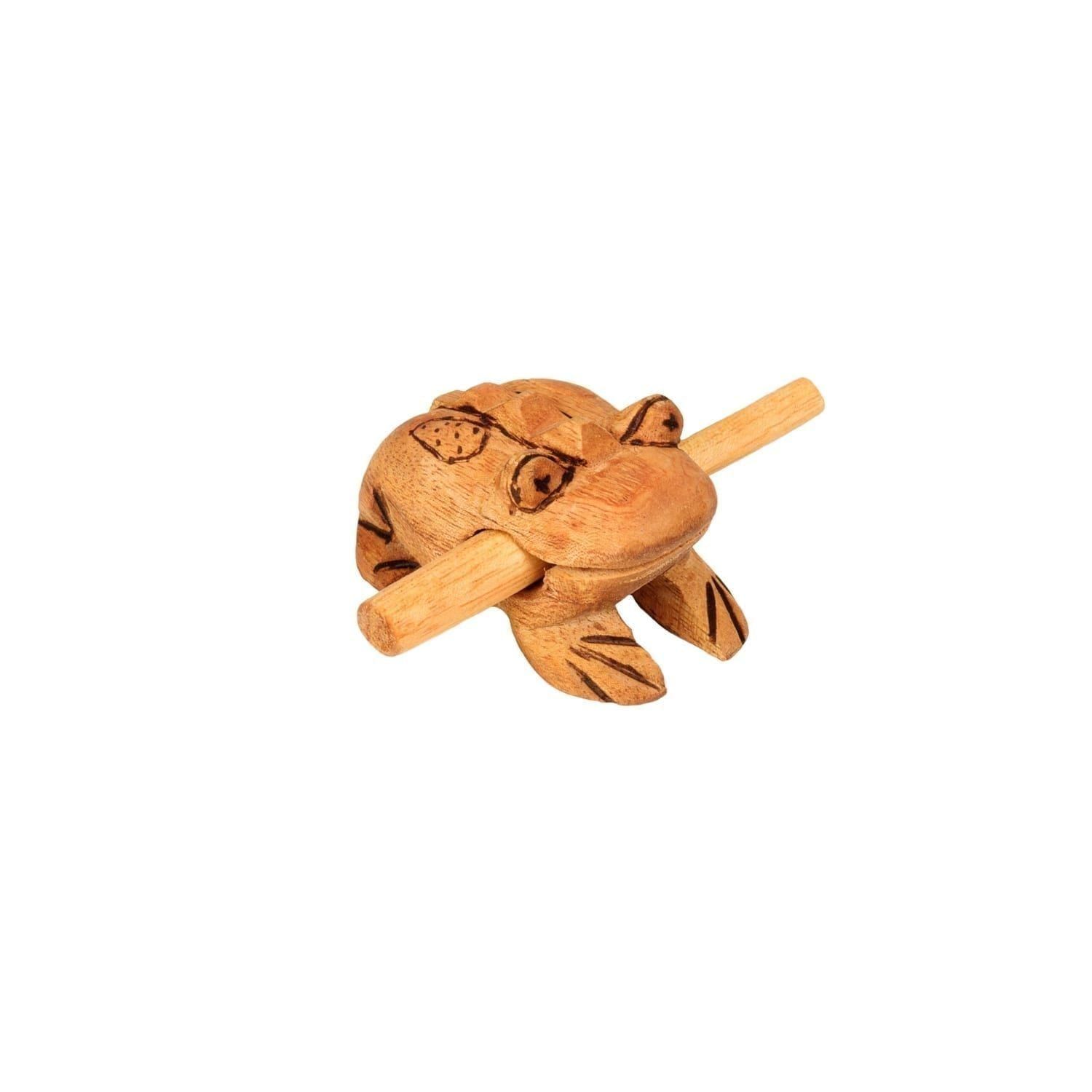 This is a product image of the Frog Scaper - Small - Early Years. It is a carved frog with a ridged back and has patterns and detail burned into the body. The stick is held in the frog's mouth. The frog is angled slightly to the right.