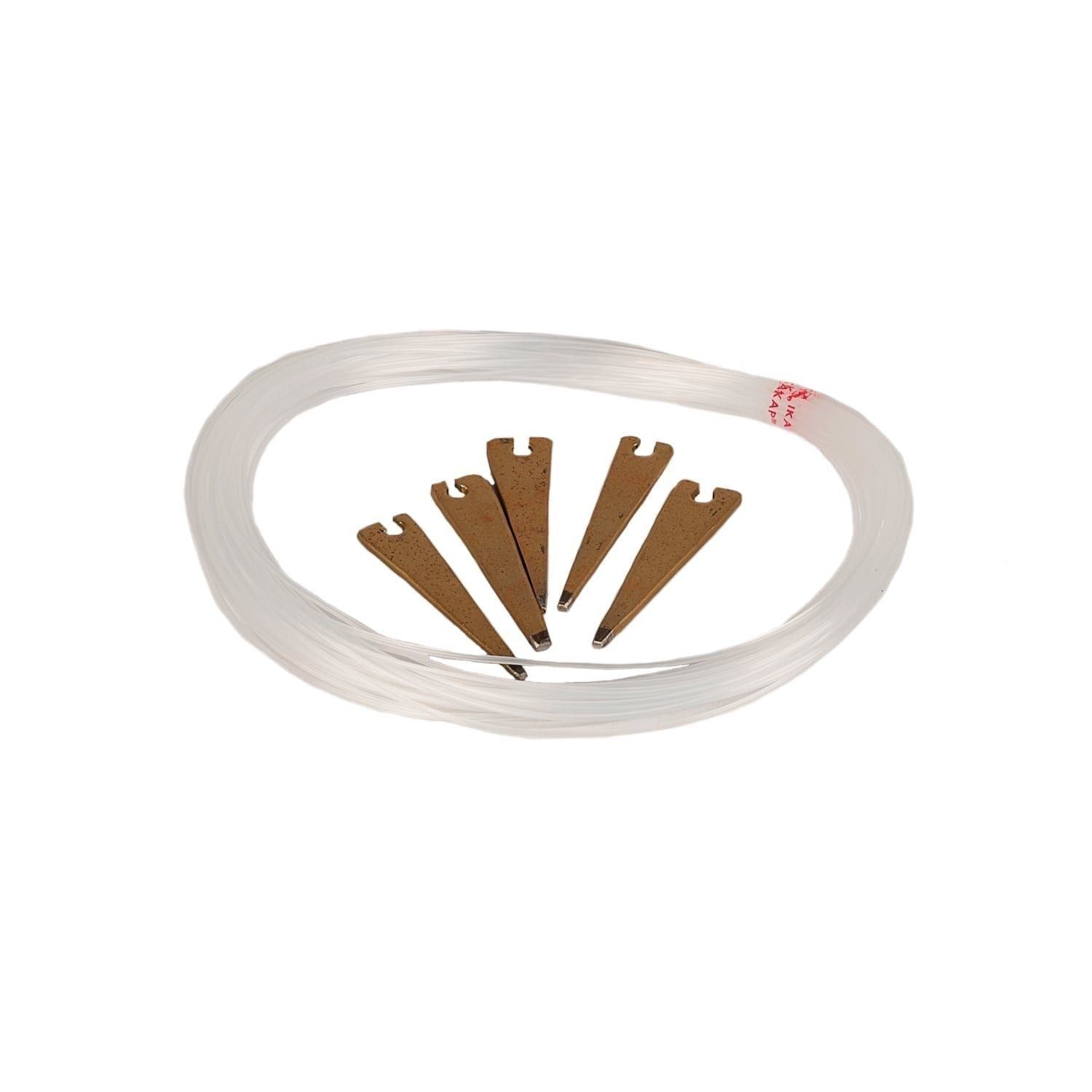 This is a product image of the Gamelan - Wire and Metal V Supports Kit and shows in detail the nylon wire used to string the Gamelan instruments, as well as five of the Metal V Supports that are used to suspend the wire from the frames.