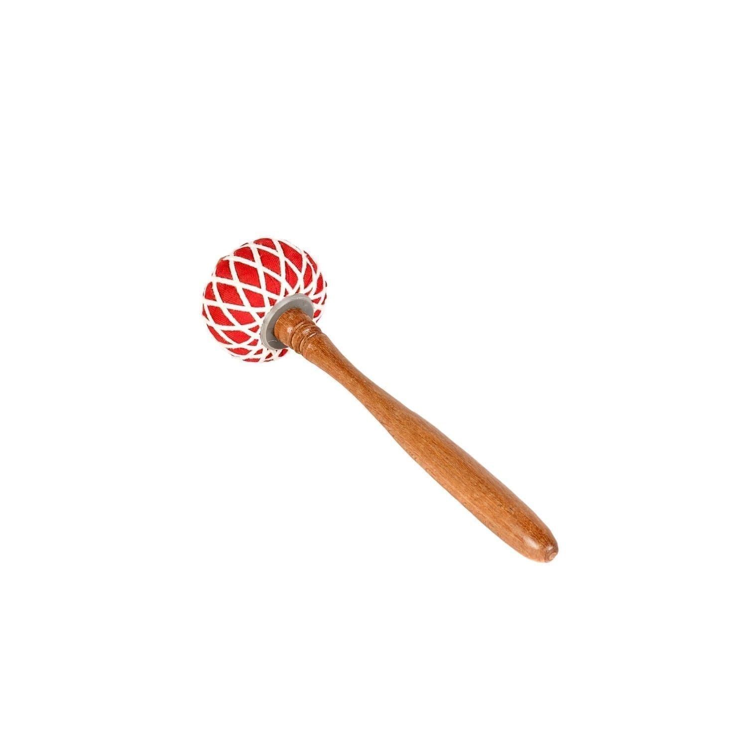 This is a product image of the Gong Beater (Pangul) for 30cm Gong. It has a wooden handle with a soft, red head that is tied in place with string work. The beater is laid flat and facing up and to the left.