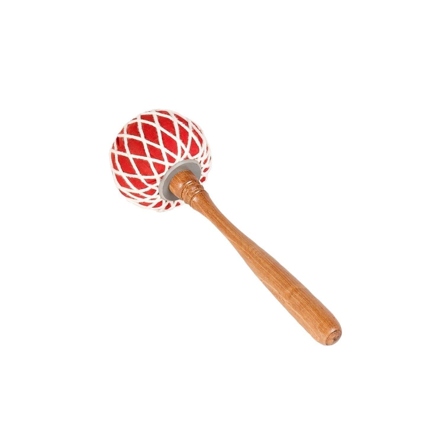 This is a product image of the Gong Beater (Pangul) for 60cm Gong. It has a wooden handle with a large, soft, red head that is tied in place with string work. The beater is laid flat and facing up and to the right.