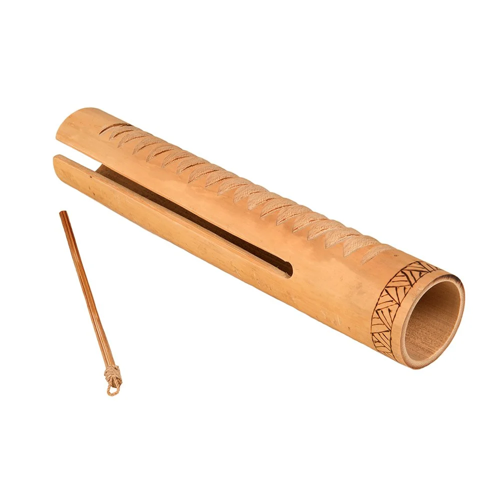 Large bamboo guiro instrument with natural ridges, designed for rich, rhythmic percussion and traditional Latin American sound effects.