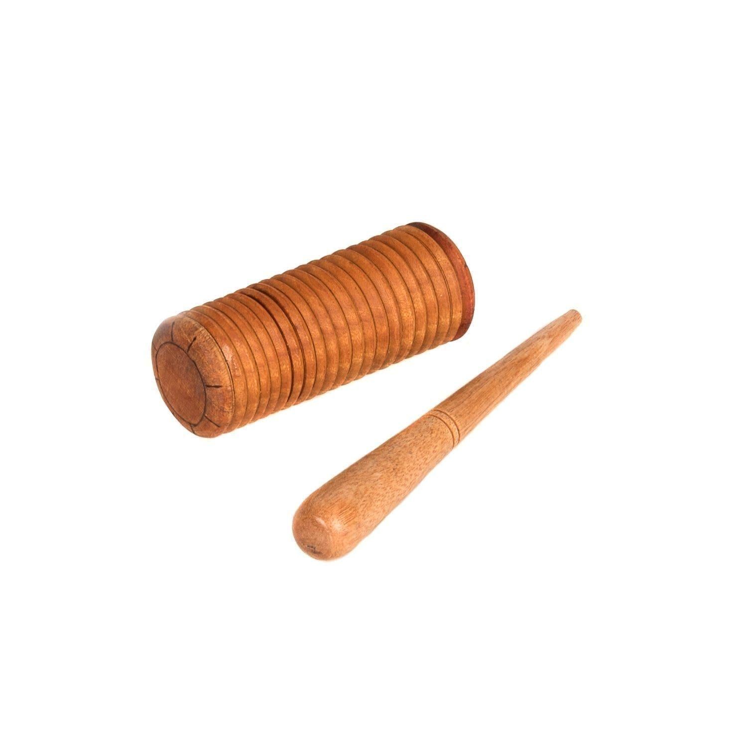 Guiro Shaker Small, 11cm percussion instrument for early years, featuring a ridged bamboo body for rhythmic shaking and scraping sounds.