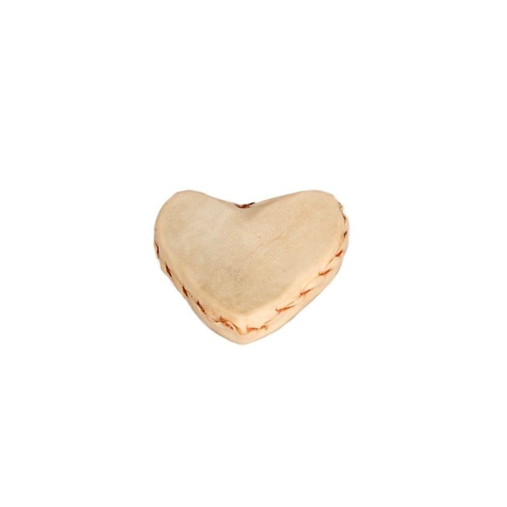 This is a product image of the Heart Shaker. It is a shaker made of goat skin and has been sewn and formed into the shape of a heart,