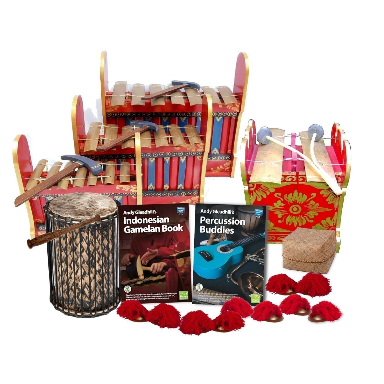 This is a product image of the Indonesian Gamelan - 10 Player Starter Pack. The products are laid out and include the following; Back Row - One Gamelan - Budget - Large 7 key. Second Row - One Gamelan - Budget - Medium 7 key. Third Row - One Gamelan - Budget - Small 7 key, one Pulu - Budget. Fourth Row - One Teenyweeny Kenkeni - 8in diameter, 30cm high, bamboo, Andy Gleadhill's Indonesian Gamelan Book, Andy Gleadhill's Percussion Buddies Book, Storage Basket. Front Row - Five Ceng Ceng - 14cm, pair. Each instrument that requires a beater has one resting on top of them.