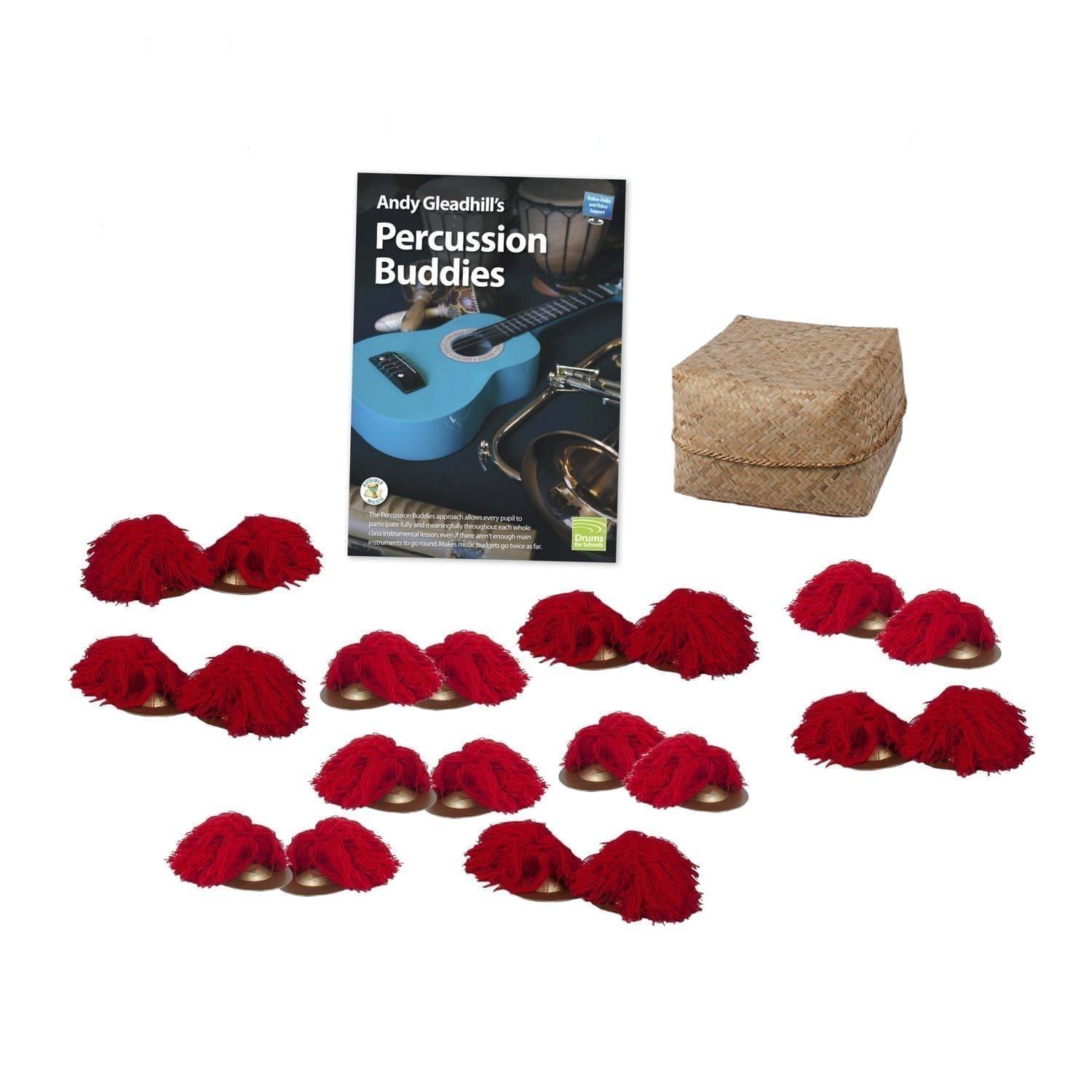 This is a product image of the Indonesian Gamelan - Percussion Buddies - 10 Pack. The products are laid out and include the following; Andy Gleadhill's Percussion Buddies Book, Storage Basket, ten Ceng Ceng - 14cm, pair.