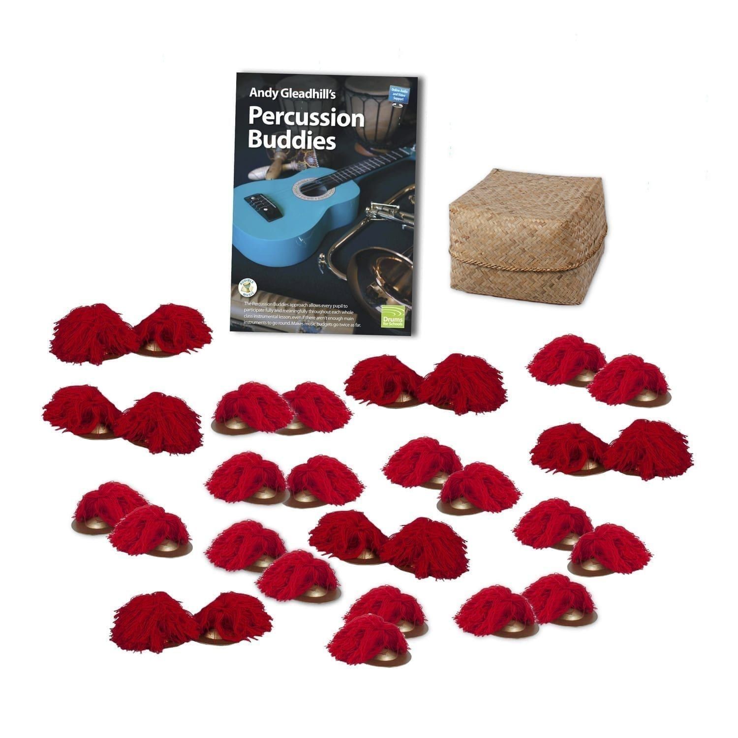 This is a product image of the Indonesian Gamelan - Percussion Buddies - 15 Pack. The products are laid out and include the following; Andy Gleadhill's Percussion Buddies Book, Storage Basket, fifteen Ceng Ceng - 14cm, pair.