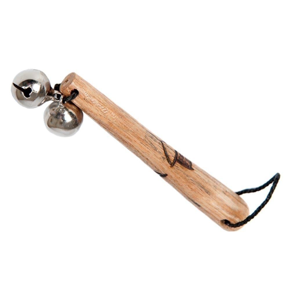 This is a product image of the Jingle Bells - Early Years. It is a wooden handle with two bells attached at the top. There is a house design burnt into the handle for decoration. The instrument is pointing from the bottom right to the top left.
