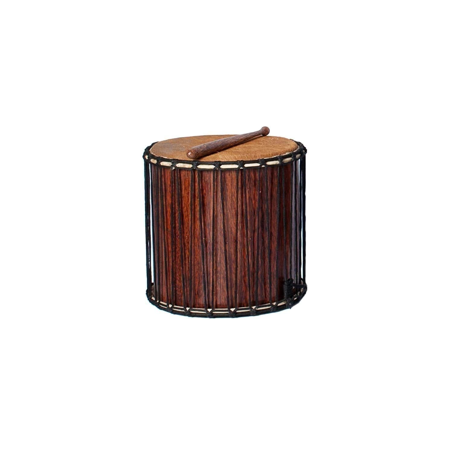 This is a product image of a Kenkeni - 14in diameter, 40cm high, recycled wood from the side. It has a beater resting upon it.