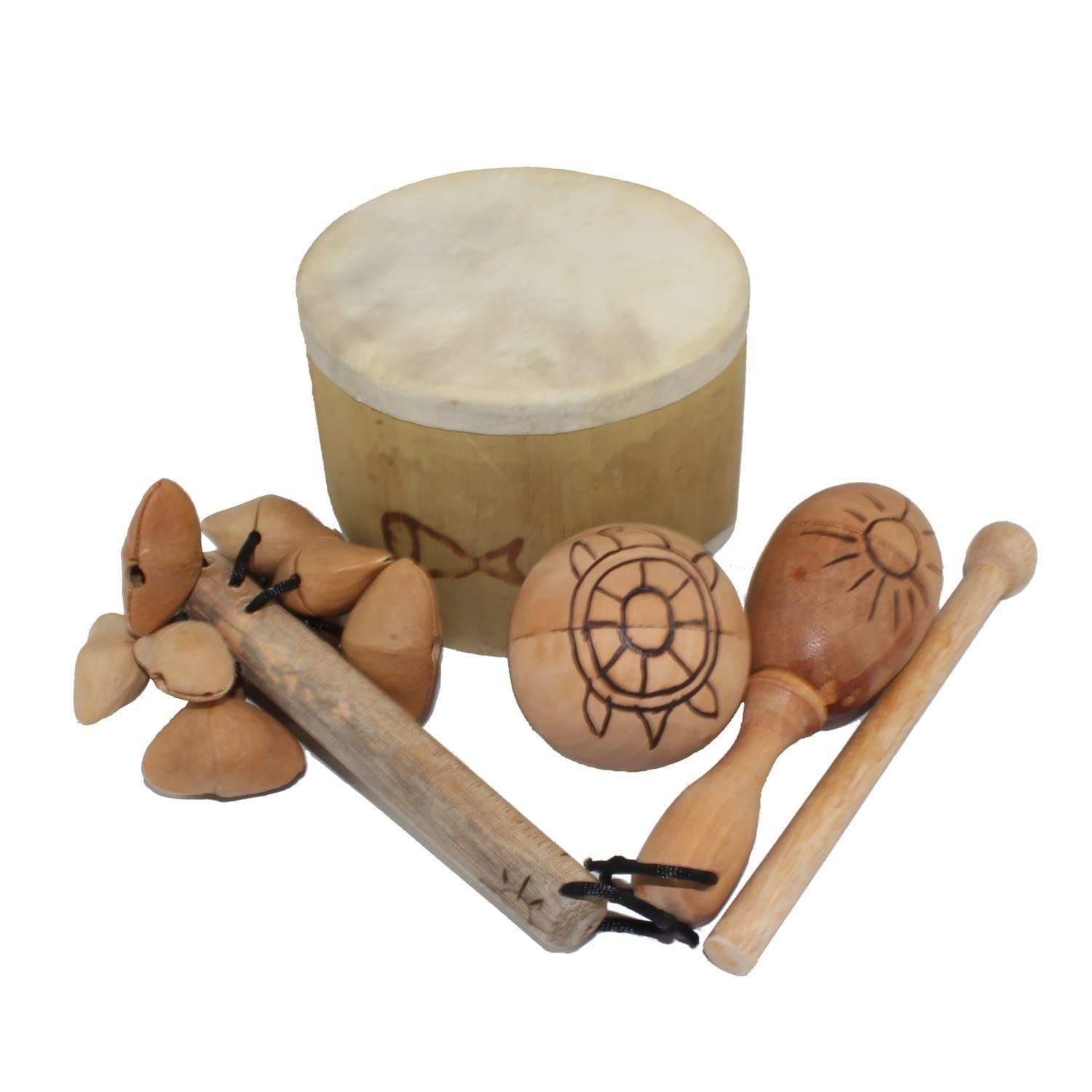 Little Hands Starter Basket - 5 Instruments. All five instruments are stacked together and include one Bamboo Mini Drum, one  Ball Shaker - 5cm, Early Years - Early Years, one Wind Chime - Early Years, one Kenari Shaker - Early Years, one Music Bracelet - XS, one Egg on Stick - Small - 5cm, Early Years.