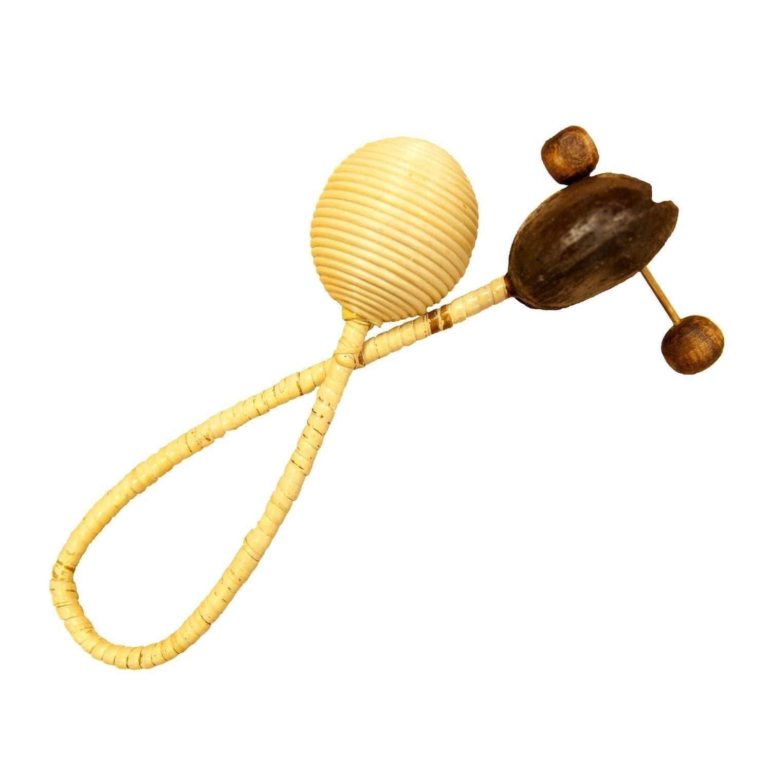 This is a product image of the Loopy Agogo Shaker. It has a looped wooden handle with a beater and a rattle section at either end. The instrument is pointing from bottom left to top right.