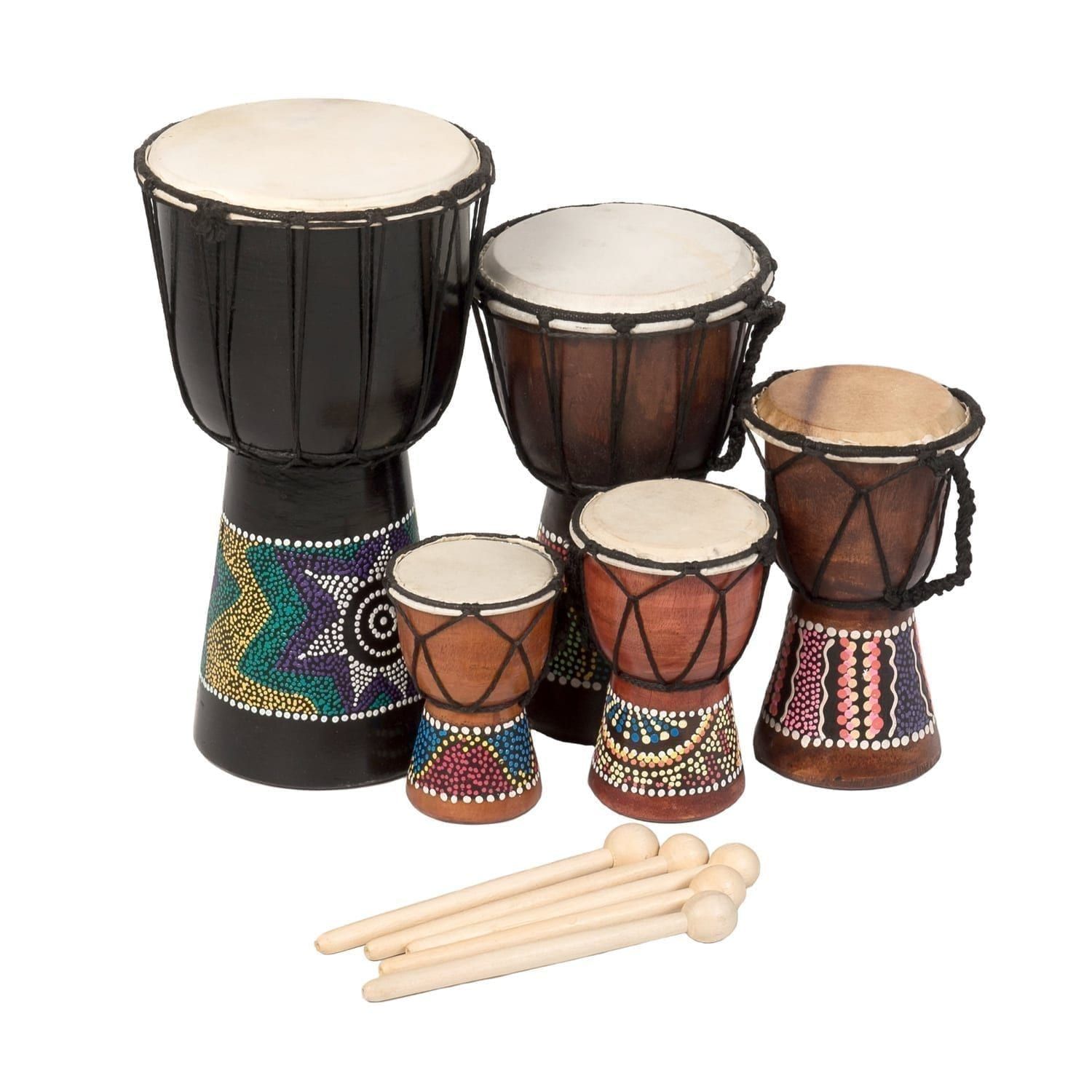 Image showing Mixed Pack of 5 x Budget Djembe Drums 12 15 20 25 30cm high painted with beaters group tight shot