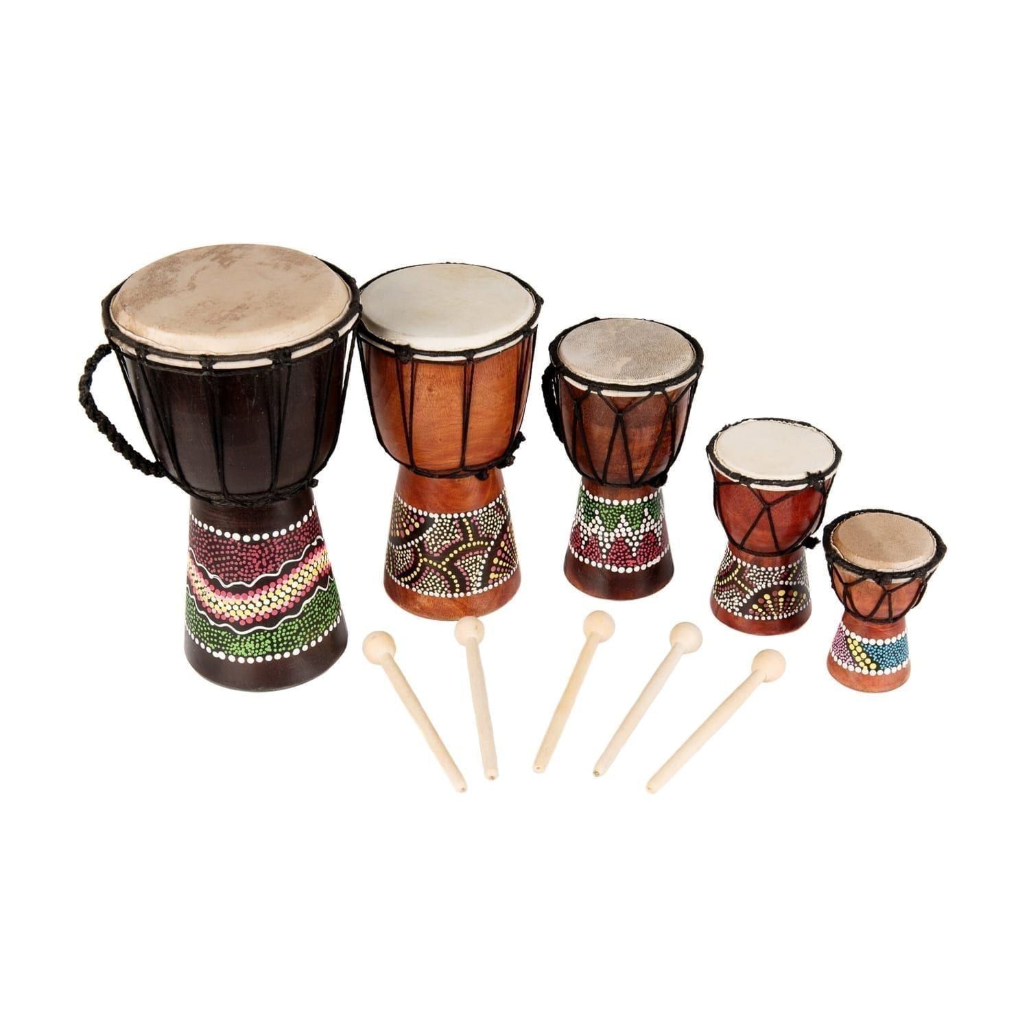 Set of five budget djembe drums in graduated sizes, ideal for classroom music lessons. Includes wooden beater, lying next to it - Mixed Pack of 5 - 12/15/20/25/30cm high, painted pack.