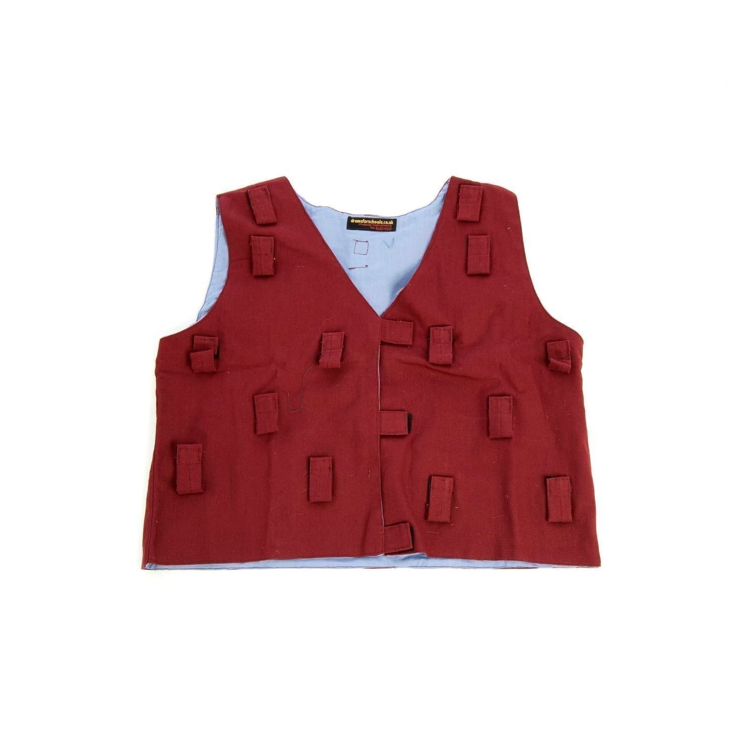 This is a product image of the Music Tunic - Large. It is laid out flat and is red in colour. There are lots of Velcro tab sections to attach various shakers.