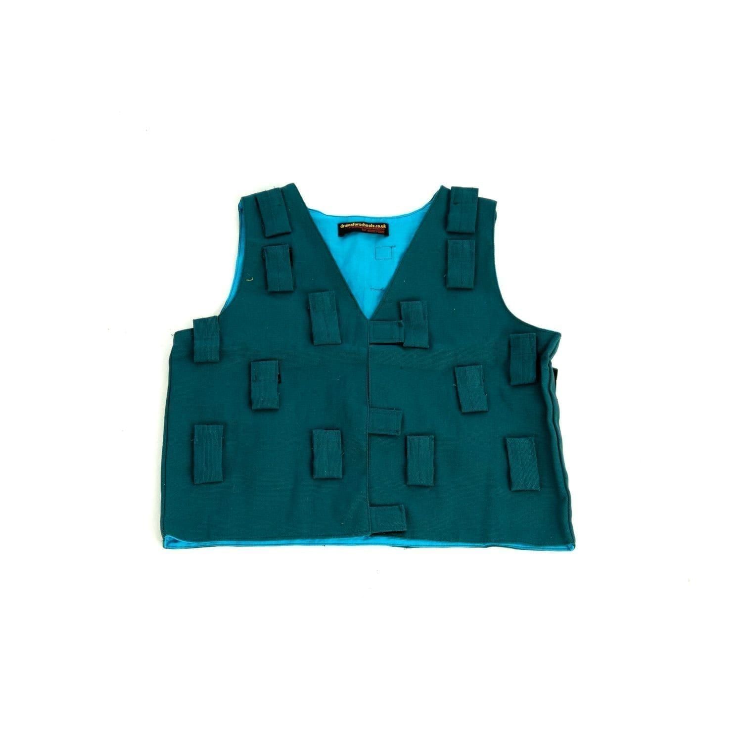 This is a product image of the Music Tunic - Medium. It is laid out flat and is blue in colour. There are lots of Velcro tab sections to attach various shakers.