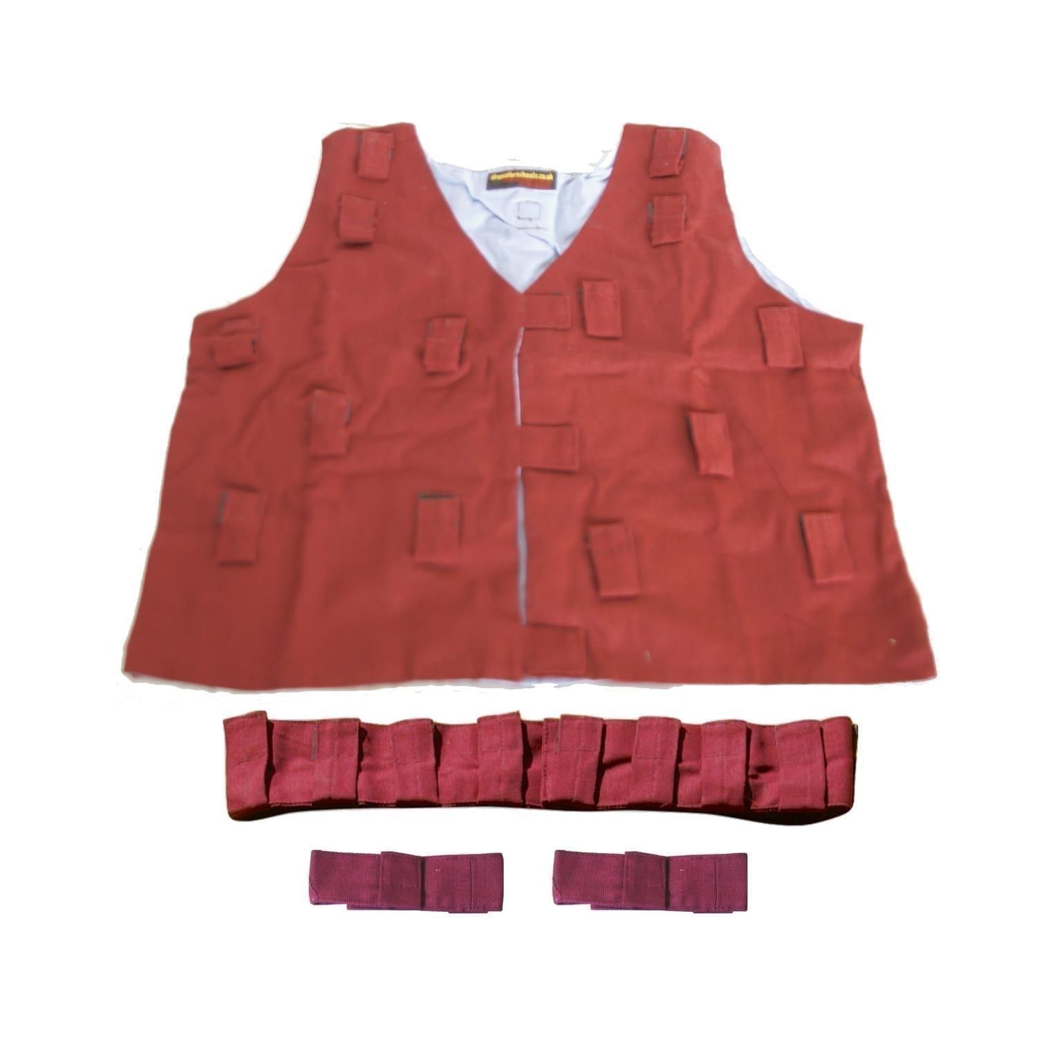 This is a product image of the Musical Clothing Kit - Large. All of the clothes are red in colour and have various loops and Velcro tags to attach shakers and other instruments. The kit is laid out with the tunic at the top, the belt below and two bracelets below.