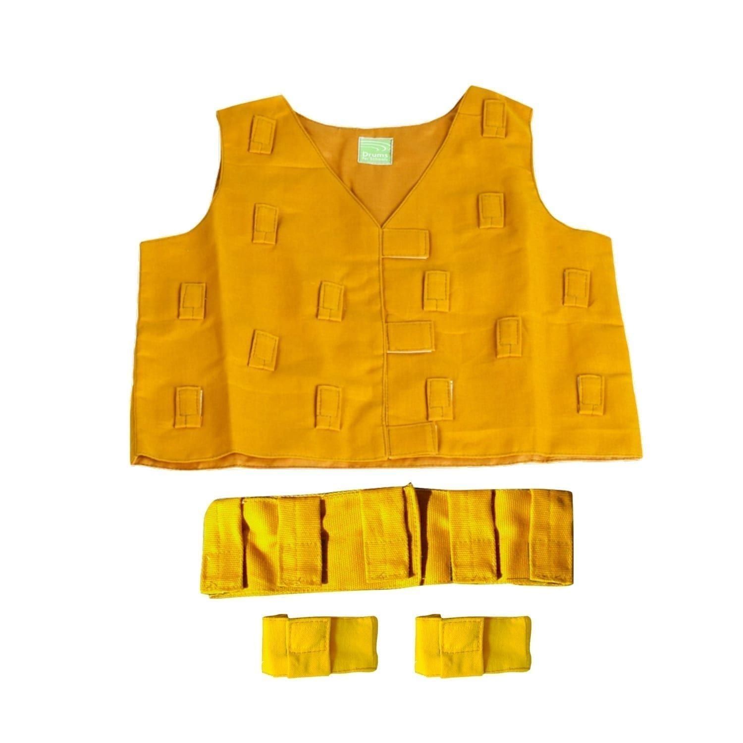 This is a product image of the Musical Clothing Kit - Small. All of the clothes are yellow in colour and have various loops and Velcro tags to attach shakers and other instruments. The kit is laid out with the tunic at the top, the belt below and two bracelets below.