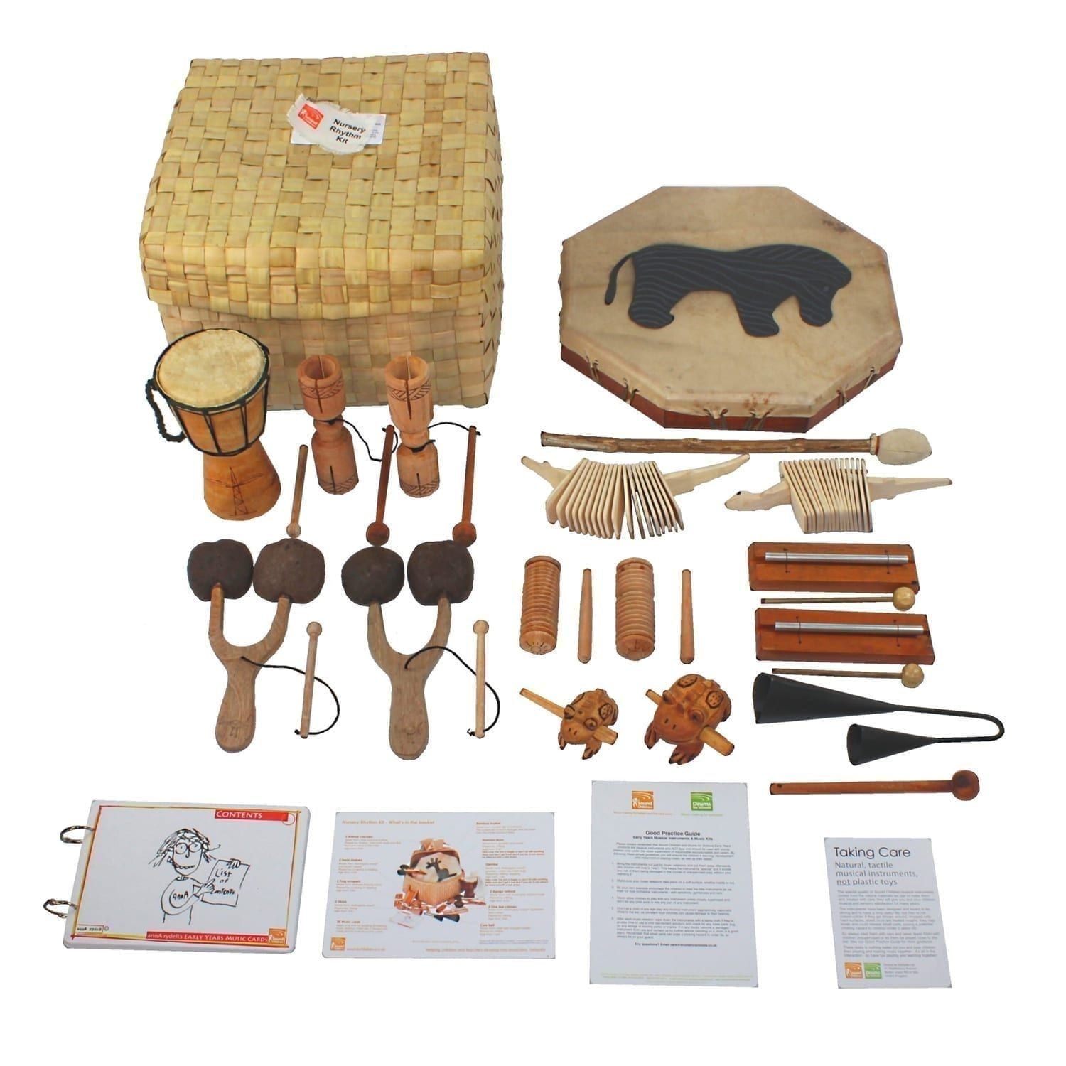 Nursery Rhythm Kit - 15 Instruments, laid out flat outside of the basket.