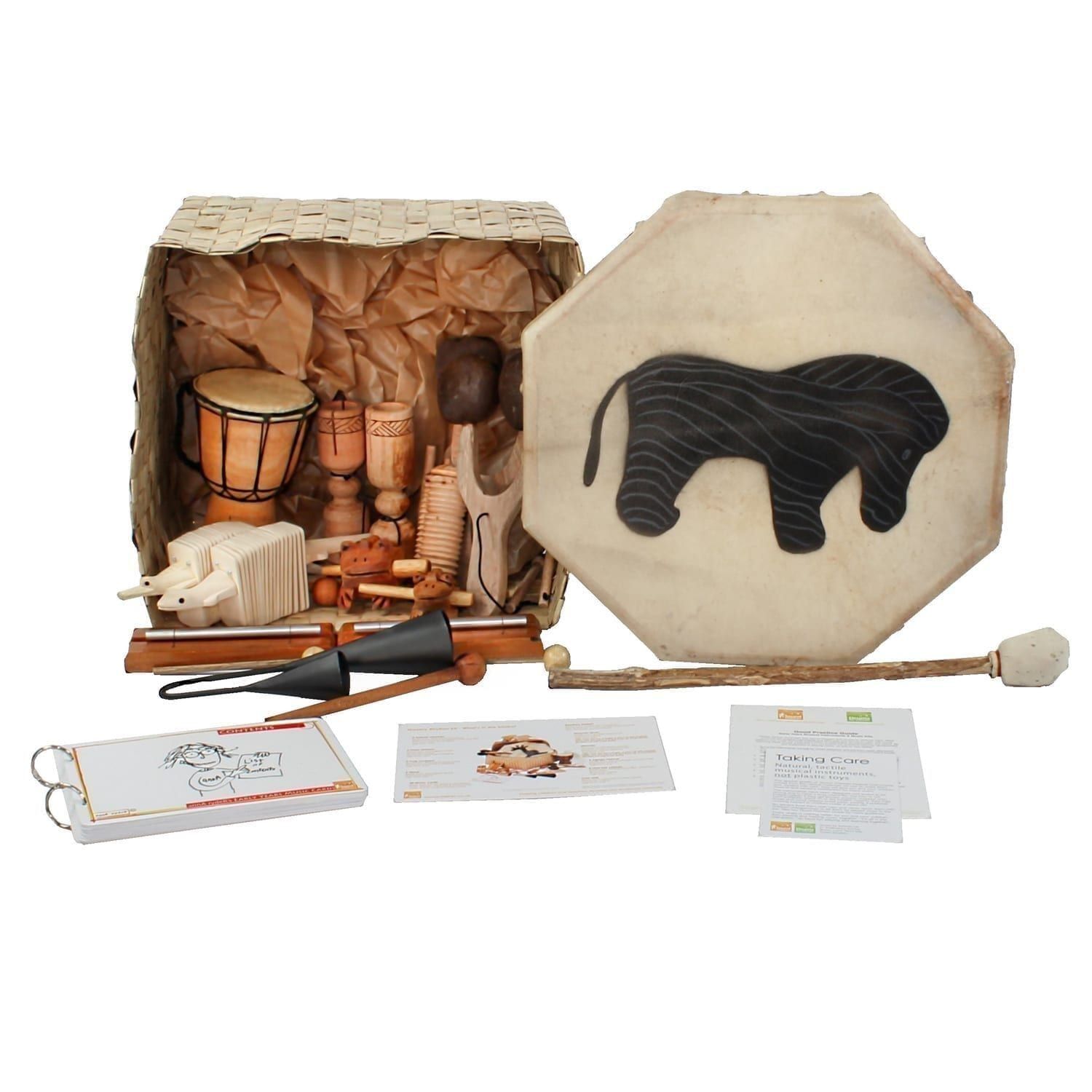 This is a product image of the Nursery Rhythm Kit - 15 Instruments. The products are presented inside and around the Storage Basket with the documentation in front.