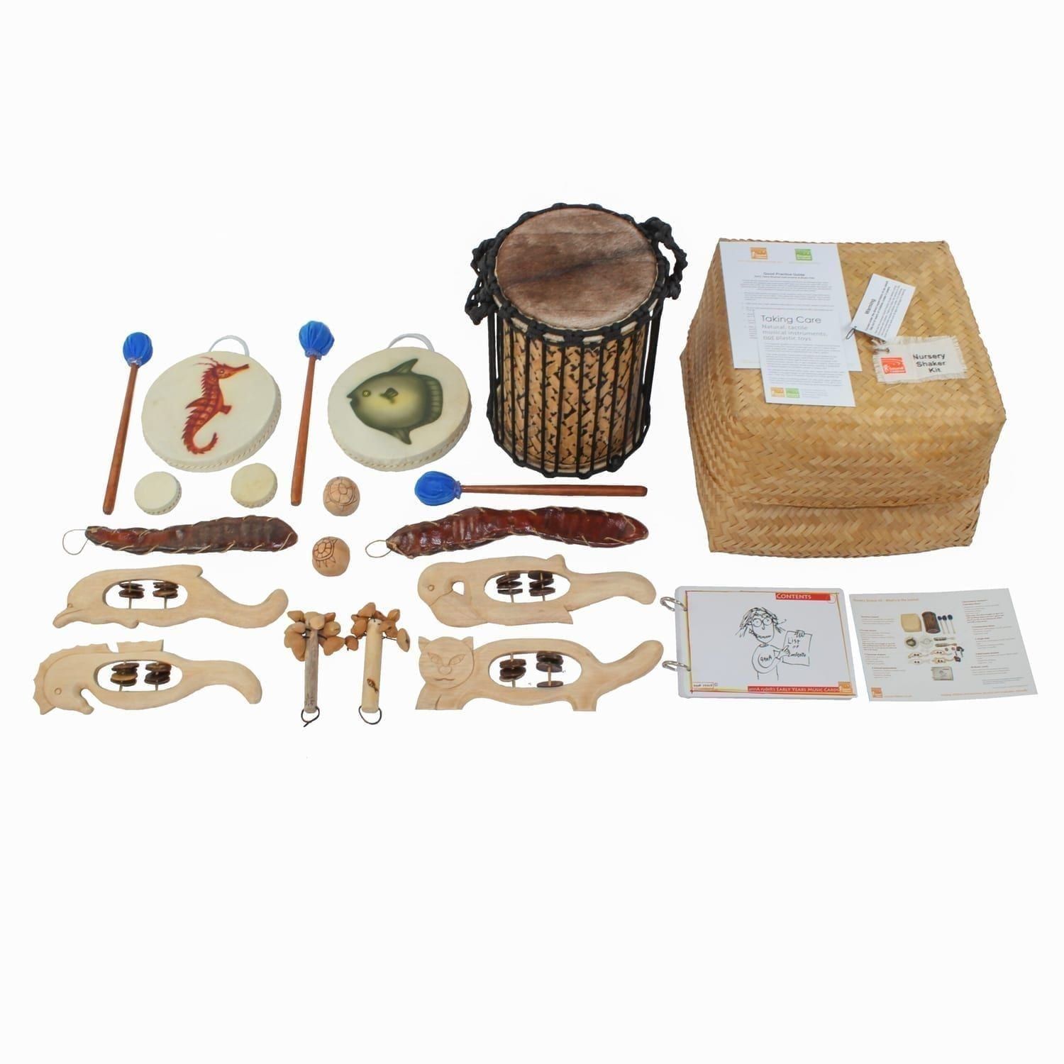 Nursery Shaker Kit - 15 Instruments, laid out flat outside of the basket.