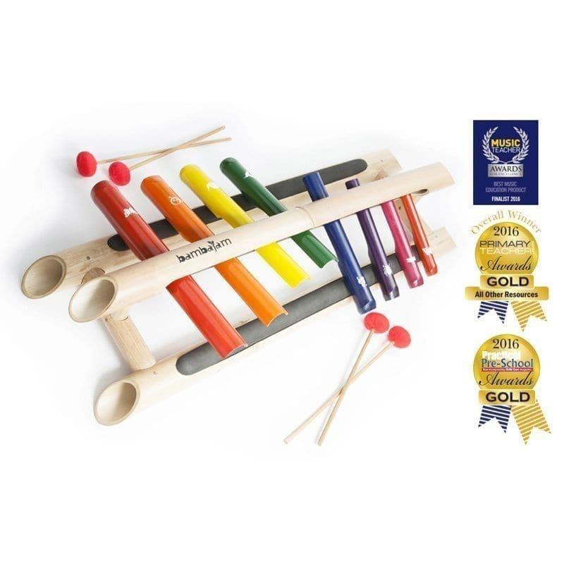 Bambajam Pelangi Kit with colour-coded tubes in a double-sided wooden frame, four red mallets and award badges