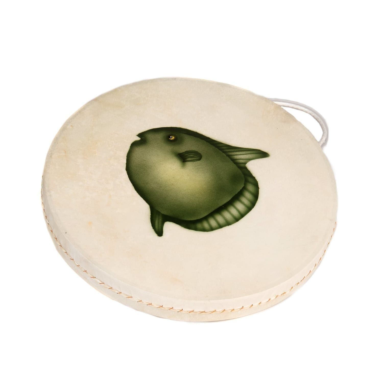This is a product image of the Ocean Drum - 12in (30cm) diameter, painted. It is round skin on a frame with a handle at the top. In the middle is a painted green fish facing to the left.