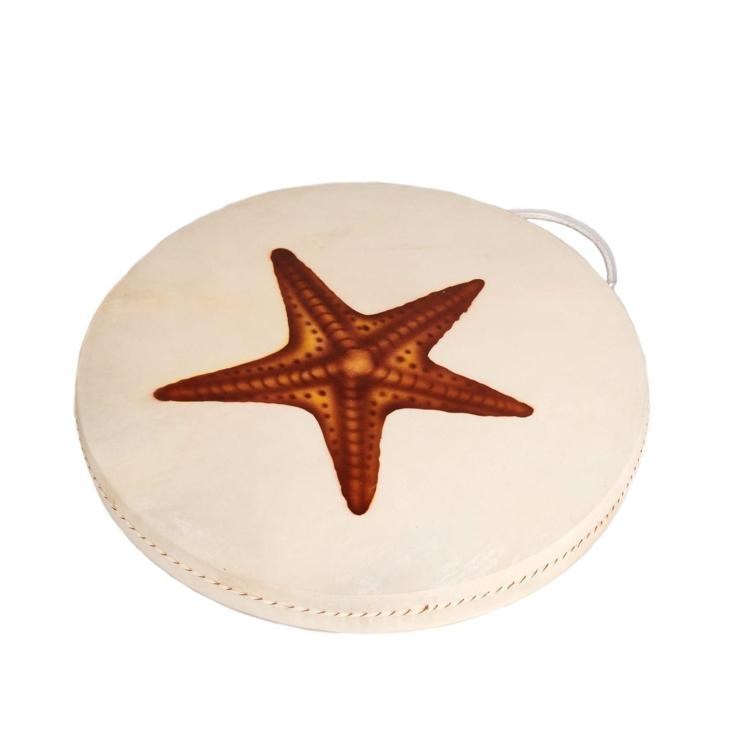 Painted Ocean Drum 16 inch with starfish motif on natural skin, round frame drum with side cord