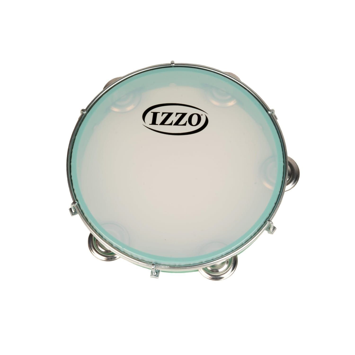 This is a product image of the Pandeiro - 10in diameter, Izzo. It is green with a a synthetic skin and small cymbals around the frame.