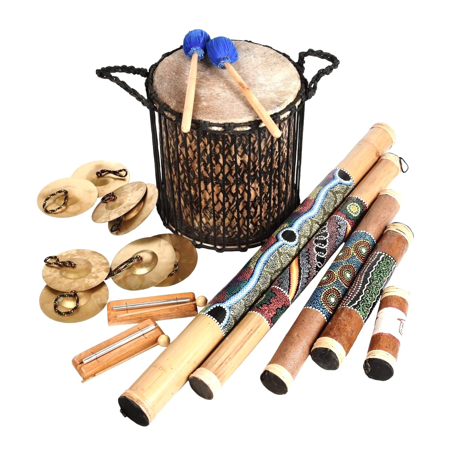 This is a product image of the Pulse and Play SEN Kit - 12 Instruments. The products in the pack are laid out and include the following; Back Row - Supermini Kenkeni - 10in diameter, 30cm high, bamboo with two beaters resting on top. Second Row - Four Ceng Ceng - 18cm, pair,  two Chime Bar - 1 note, stainless. Right Hand Side - One Rainstick - 100cm, bamboo, painted, Rainstick - 80cm, bamboo, painted, Rainstick - 60cm, bamboo, painted, Rainstick - 40cm, bamboo, painted, Rainstick - 20cm, bamboo, painted.