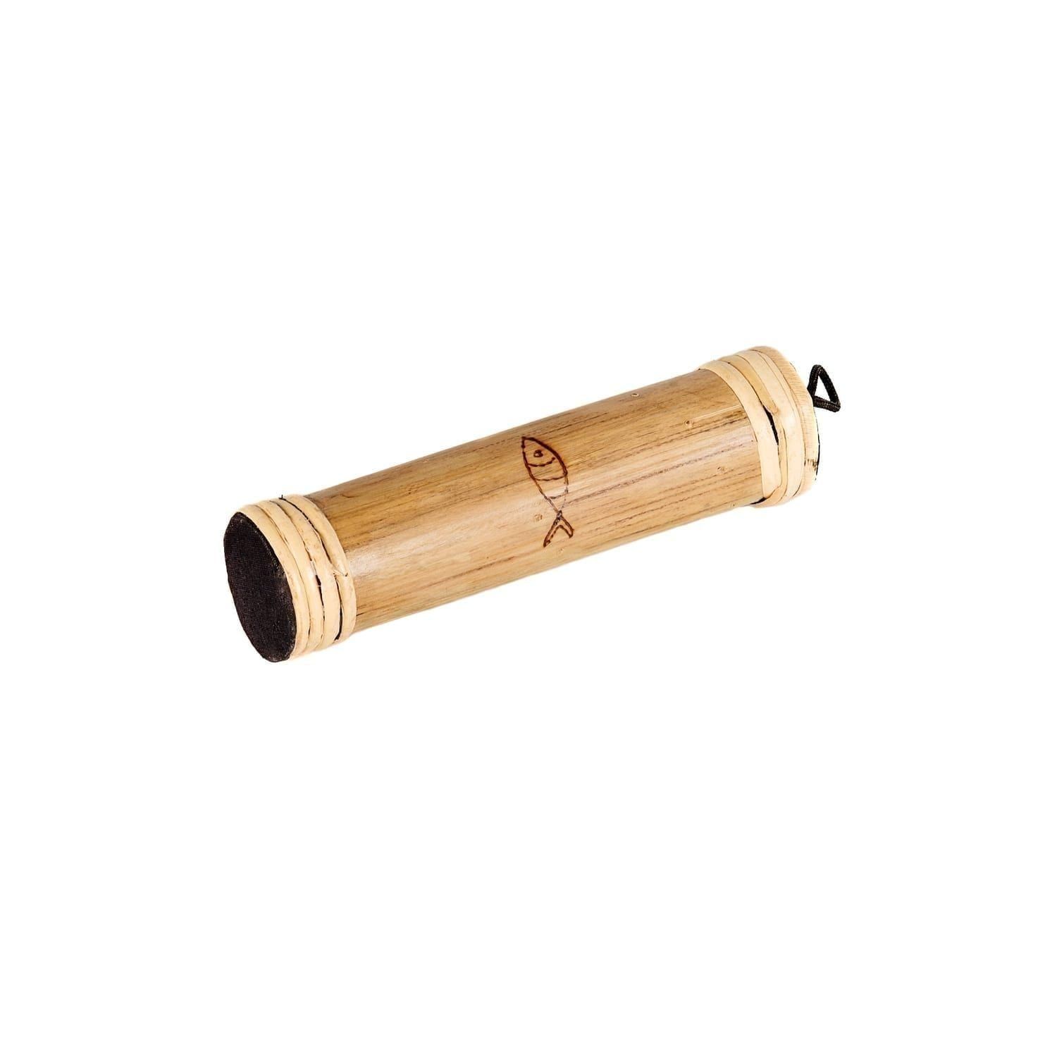 This is a product image of the Rainstick - 20cm, bamboo, Early Years. It is a wooden tube with a fish burnt on it as deoration. The instrument is lying flat and is angled from bottom left to top right.