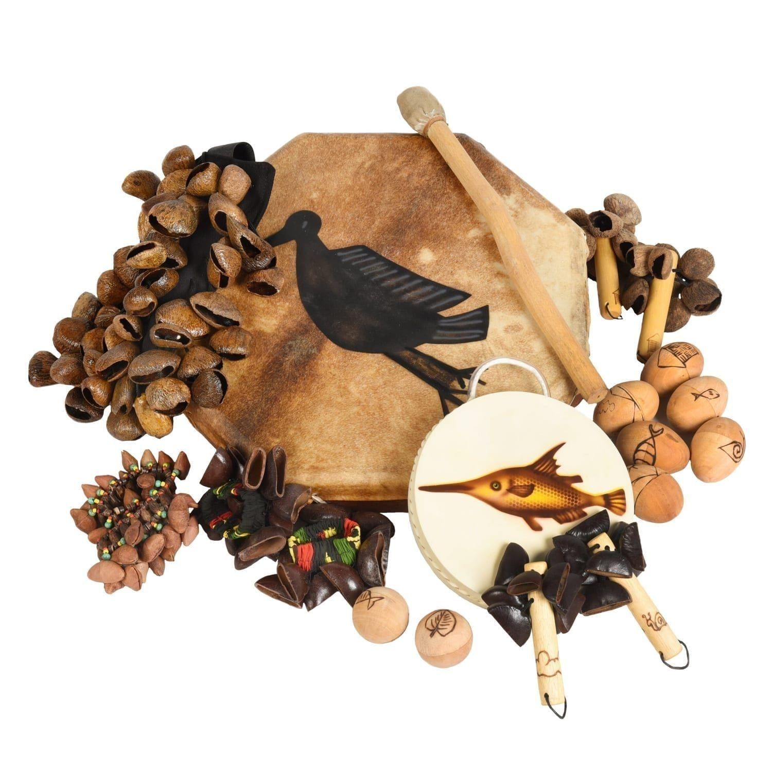 This is a product image of the Shake Rattle and Roll SEN Kit - 19 Instruments. The whole collection is displayed together as a group with the Shaman Drum - 16in (40cm) diameter, painted as the centre piece.