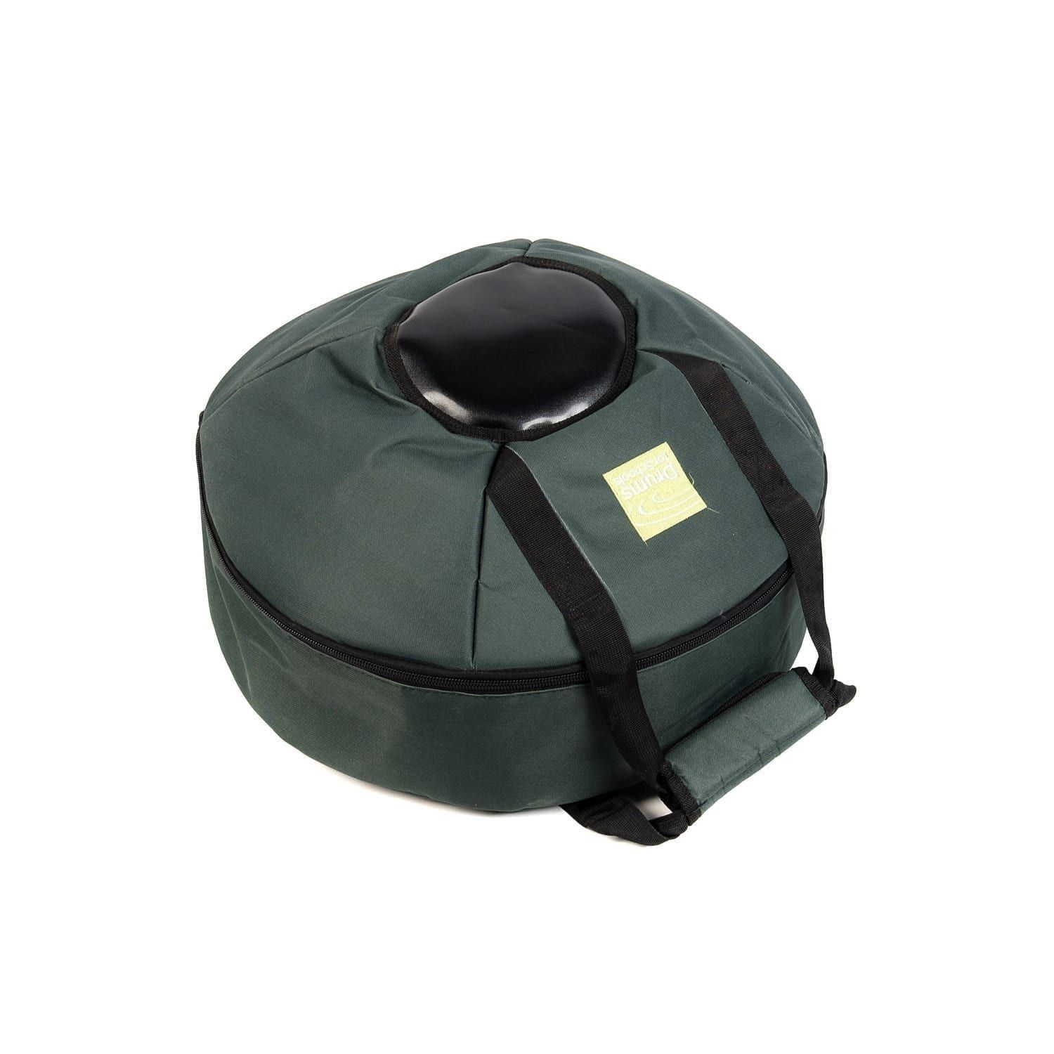 This is a product image of the Storage Carry Bag for 3 Gongs - 30/40/50cm diameter. It is laid flat and appears to contain the Gongs within the zipped up case. It is green with a black protective section to better protect the boss of the Gongs.