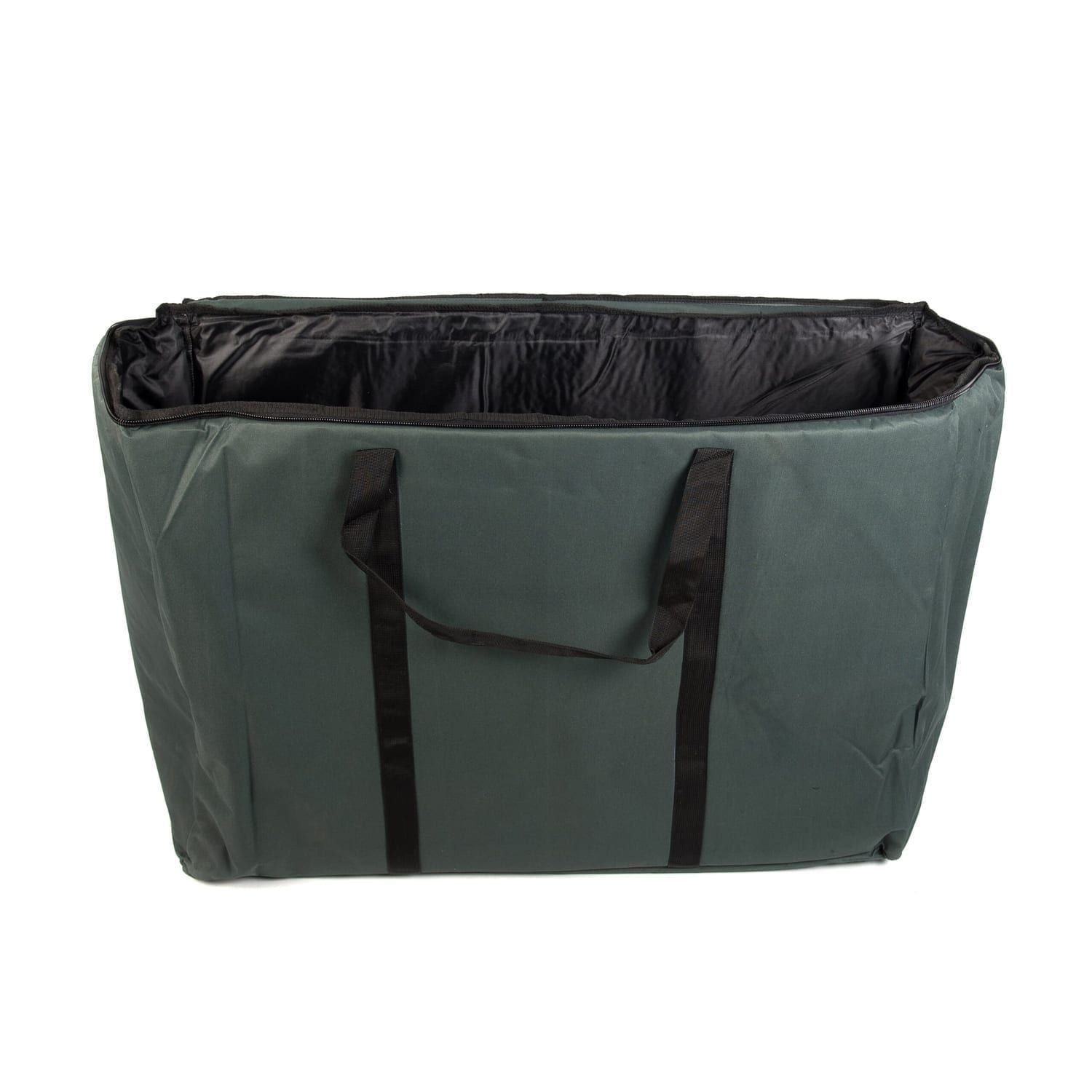 This open green canvas Djembe drum bag is designed to carry 3 x 60cm drums, showcasing its spacious interior and reinforced handles for easy transport.