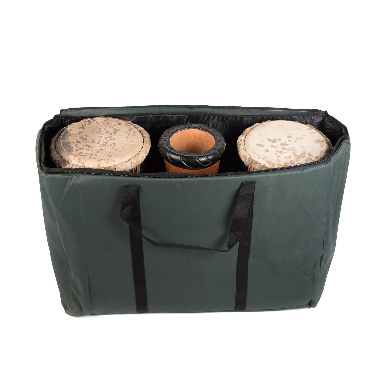 This open green canvas carry bag displays its capacity to safely hold 3 x 60cm Djembe drums with protective padding and sturdy handles for easy transport.