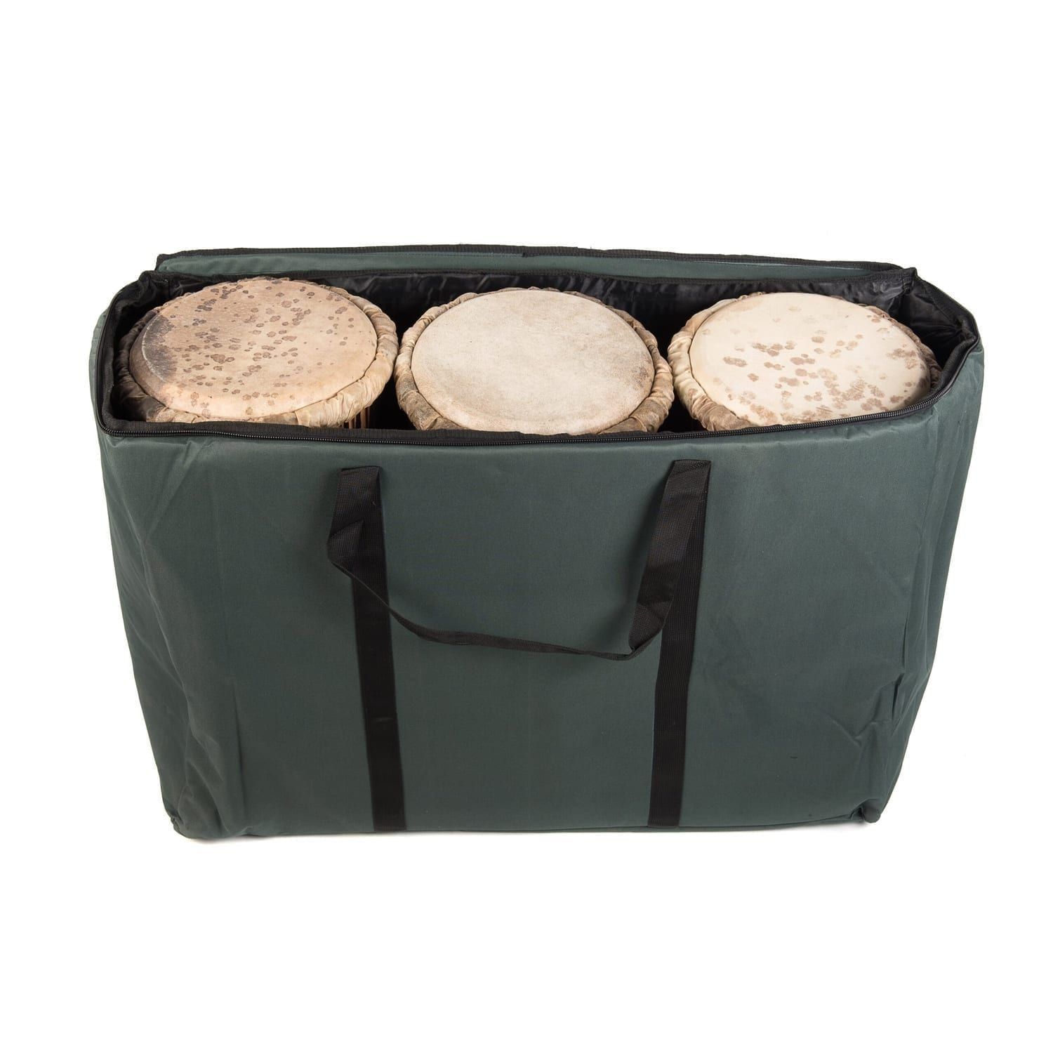 This is a product image of the Storage Carry Bag for 3 x 60cm Djembe Drums. The bag is upright and open, showing the contents as three djembe, snuggly fitting together inside the bag. The handle strap is hanging down towards the front.