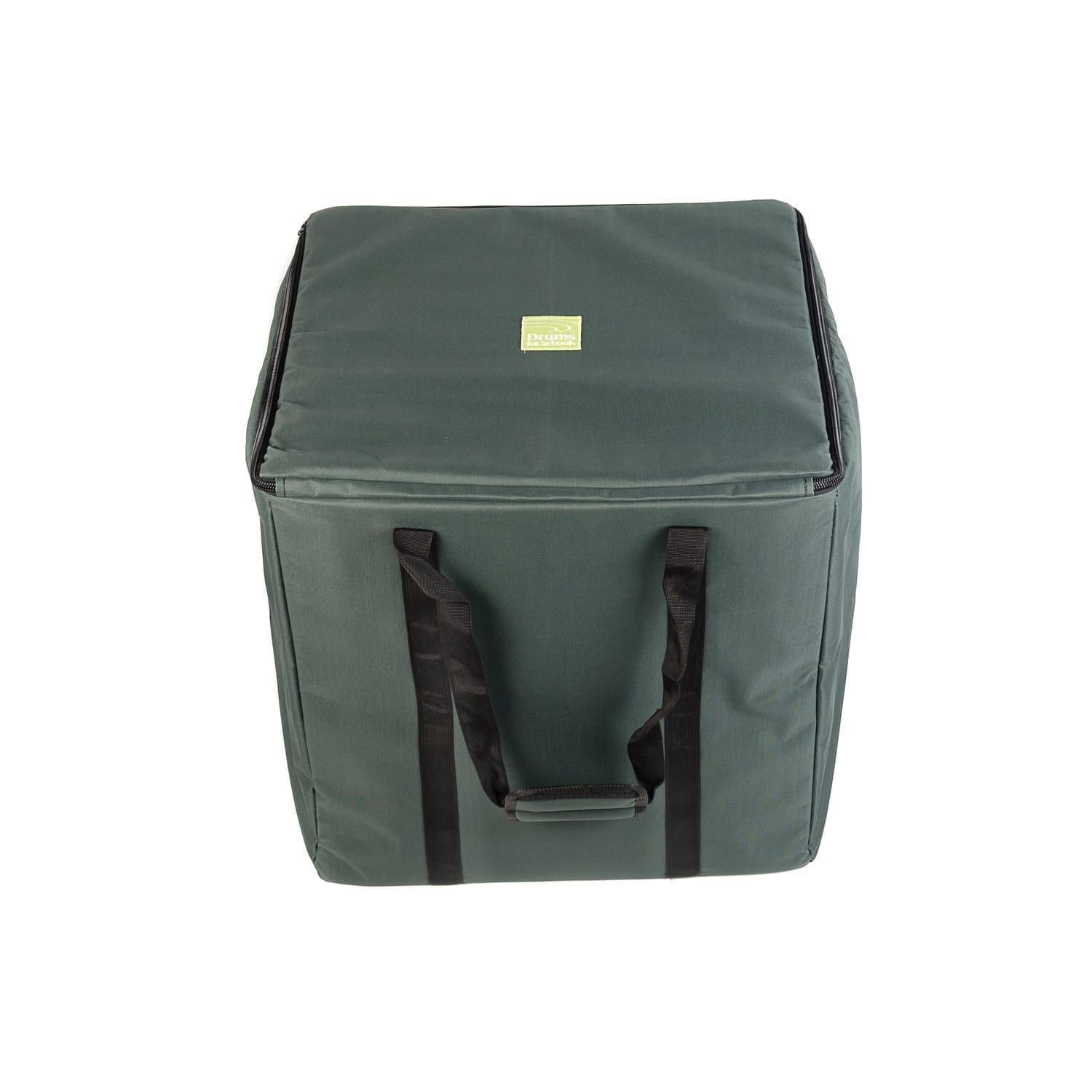 The bag is closed. This durable green canvas carry bag is designed for storing and transporting up to 5 x 50cm Djembe drums, keeping them protected and organized.
