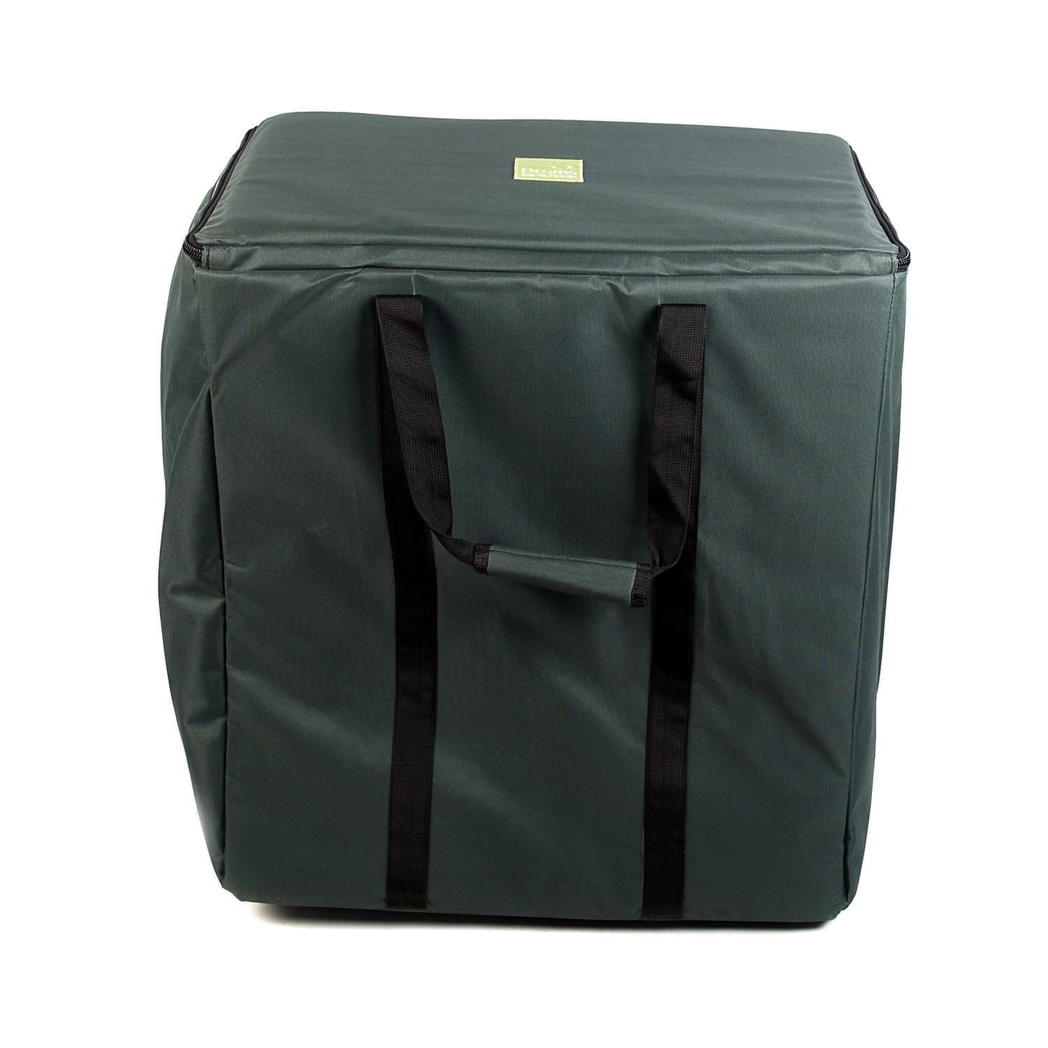 This is a product image of the Storage Carry Bag for 5 x 50cm Djembe Drums. It is almost square in shape with two strap handles hanging down and a zipped top section.