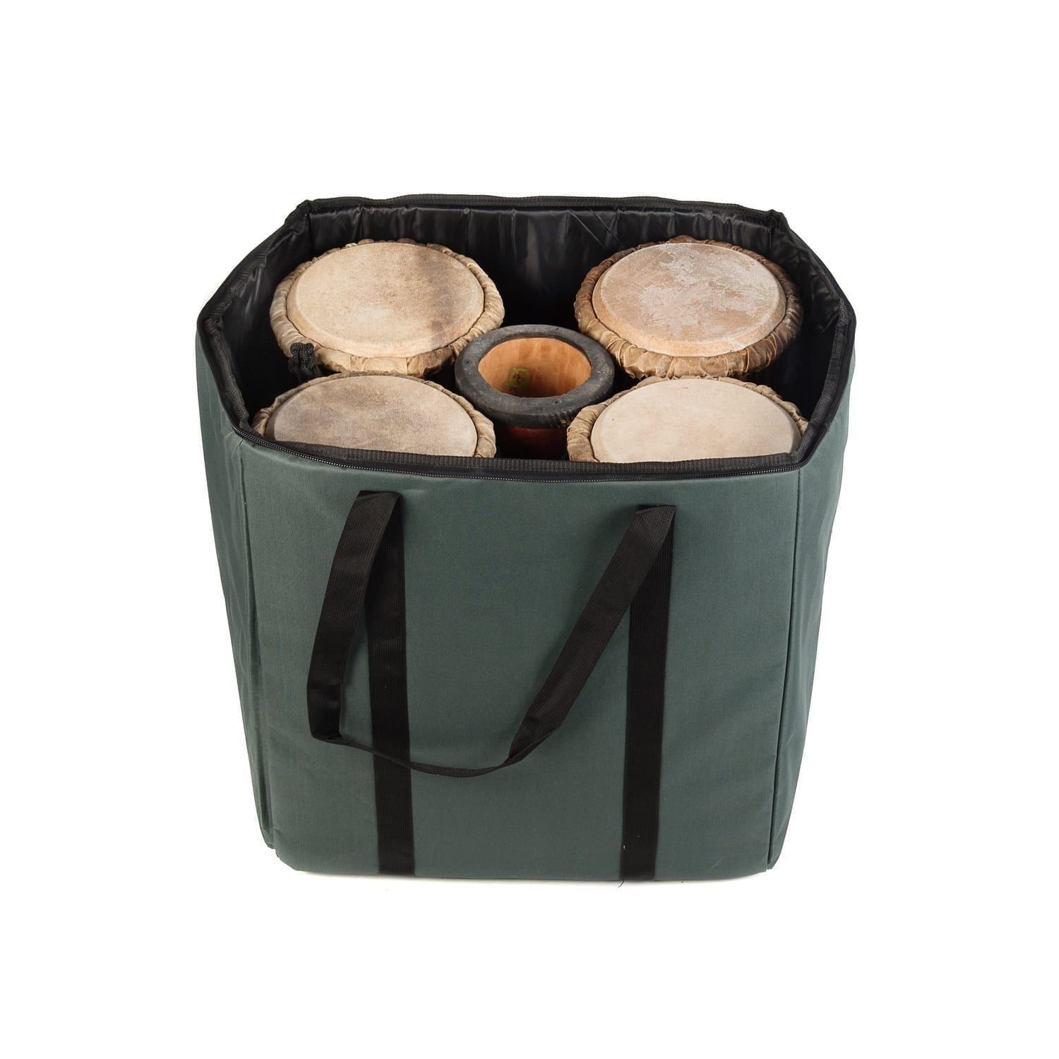 This sturdy green canvas carry bag is designed to safely store and transport 5 x 50cm Djembe drums. It features reinforced handles for easy carrying.
