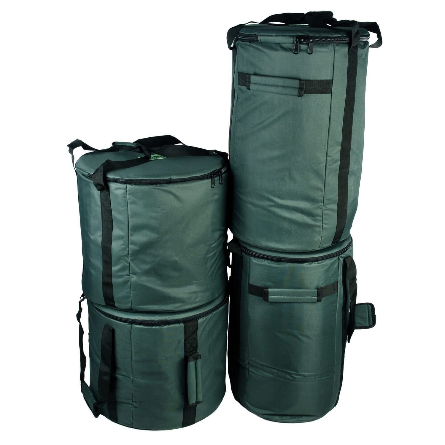 This is a product image of the Storage Carry Bags for 10 Brazilian Samba Primary Big Drums. The bags are all green with straps for carrying, and the contents are accessed through a zipped top section on each. There are four bags - the left hand two are for the three nesting Surdo drums. The right hand bags will store a Caixa and Repinique each.