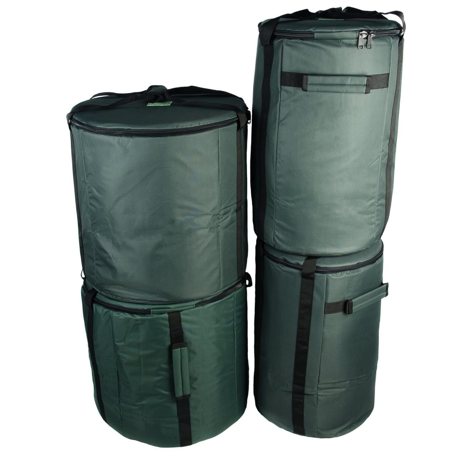 This is a product image of the Storage Carry Bags for 10 Brazilian Samba Secondary Big Drums. The bags are all green with straps for carrying, and the contents are accessed through a zipped top section on each. There are four bags - the left hand two are for the three nesting Surdo drums. The right hand bags will store a Caixa and Repinique each.