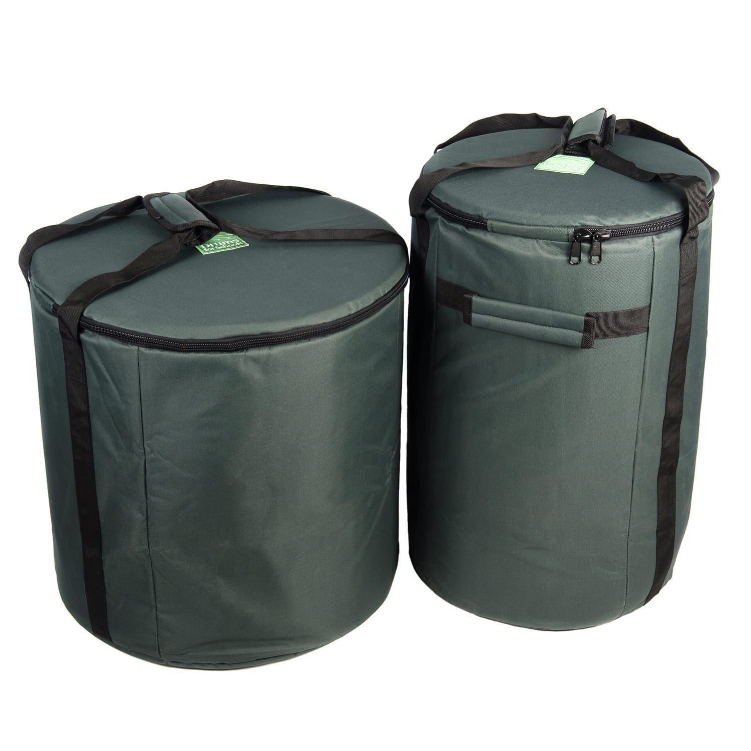 This is a product image of the Storage Carry Bags for 5 Brazilian Samba Secondary Big Drums. The bags are both green with straps for carrying, and the contents are accessed through a zipped top section on each. There are two bags - the left hand bag is for the three nesting Surdo drums. The right hand bag will store a Caixa and Repinique.